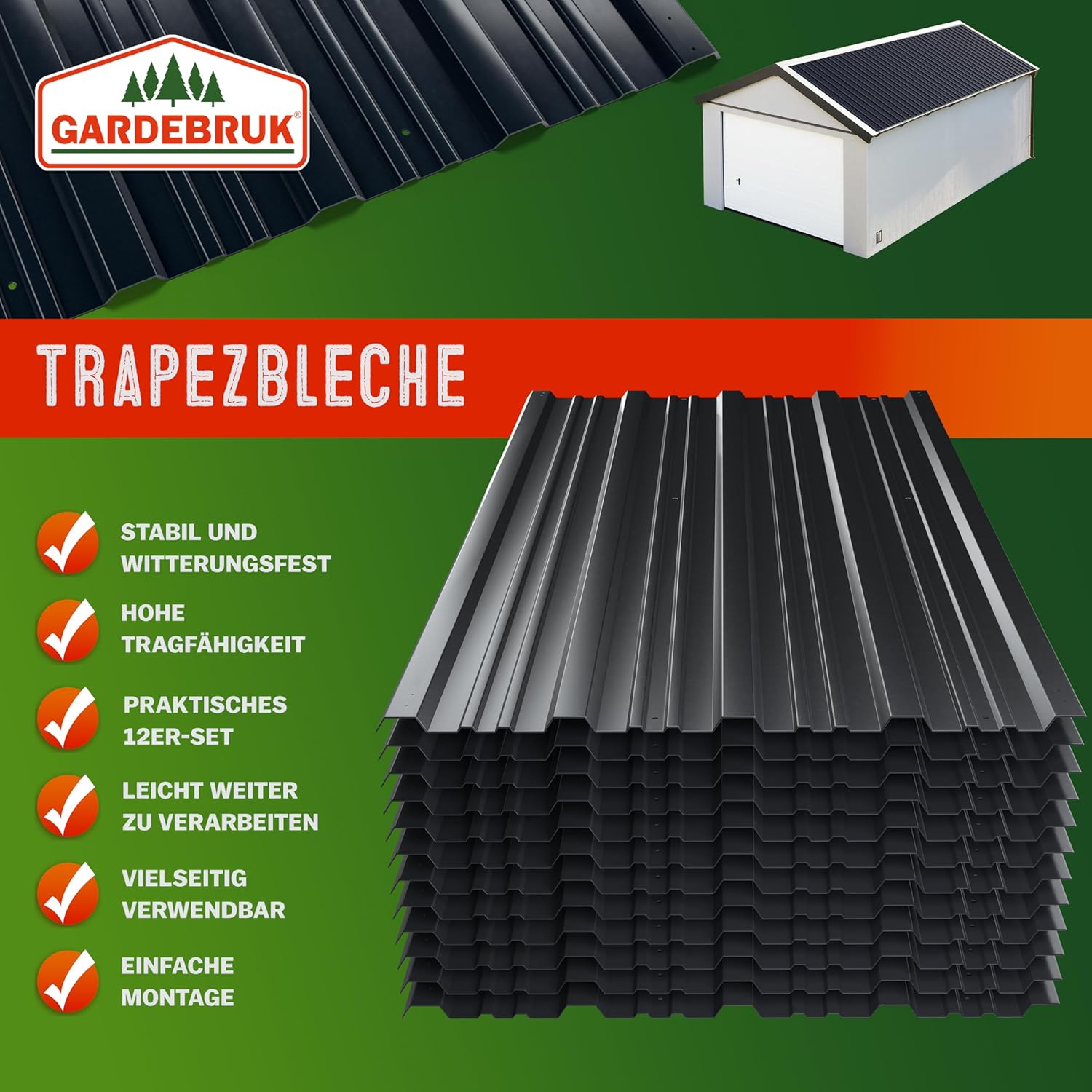 GARDEBRUK® 12x Trapezblech 129x46cm = 7m2 verzinkt Profilblech Dachblech Wellblech Dachplatten Gerätehaus Carport anthrazit — Ansicht 6