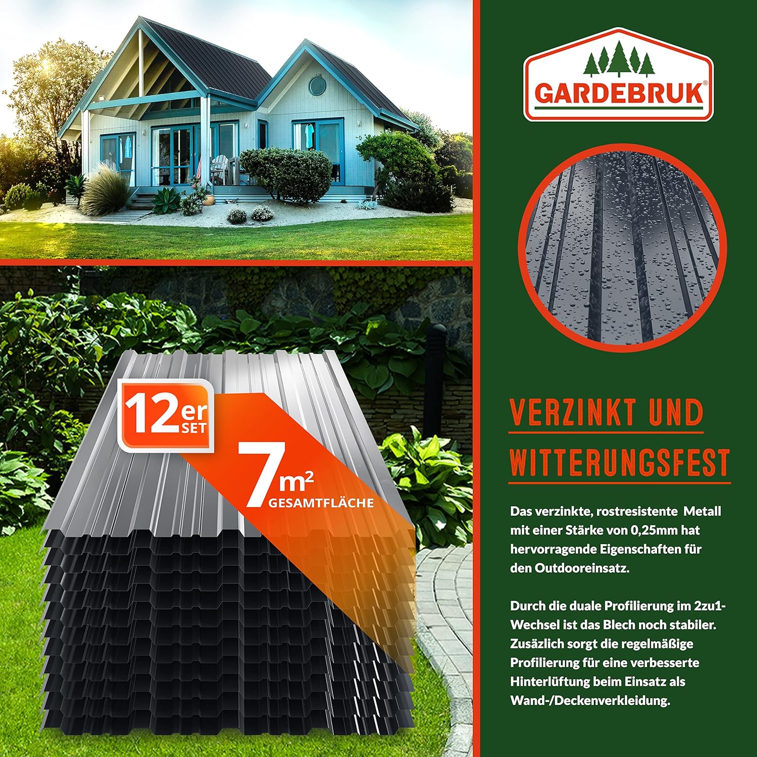 GARDEBRUK® 12x Trapezblech 129x46cm = 7m2 Verzinkt Rostresistent Wetterfest Profilblech Dachblech Wellblech Dachplatten Gerätehaus Carport Anthrazit — Ansicht 2