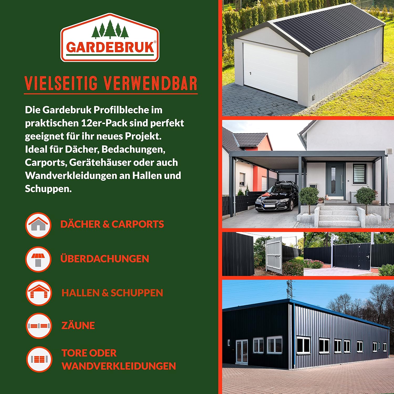 GARDEBRUK® 12x Trapezblech 129x46cm = 7m2 Verzinkt Rostresistent Wetterfest Profilblech Dachblech Wellblech Dachplatten Gerätehaus Carport Anthrazit — Ansicht 3