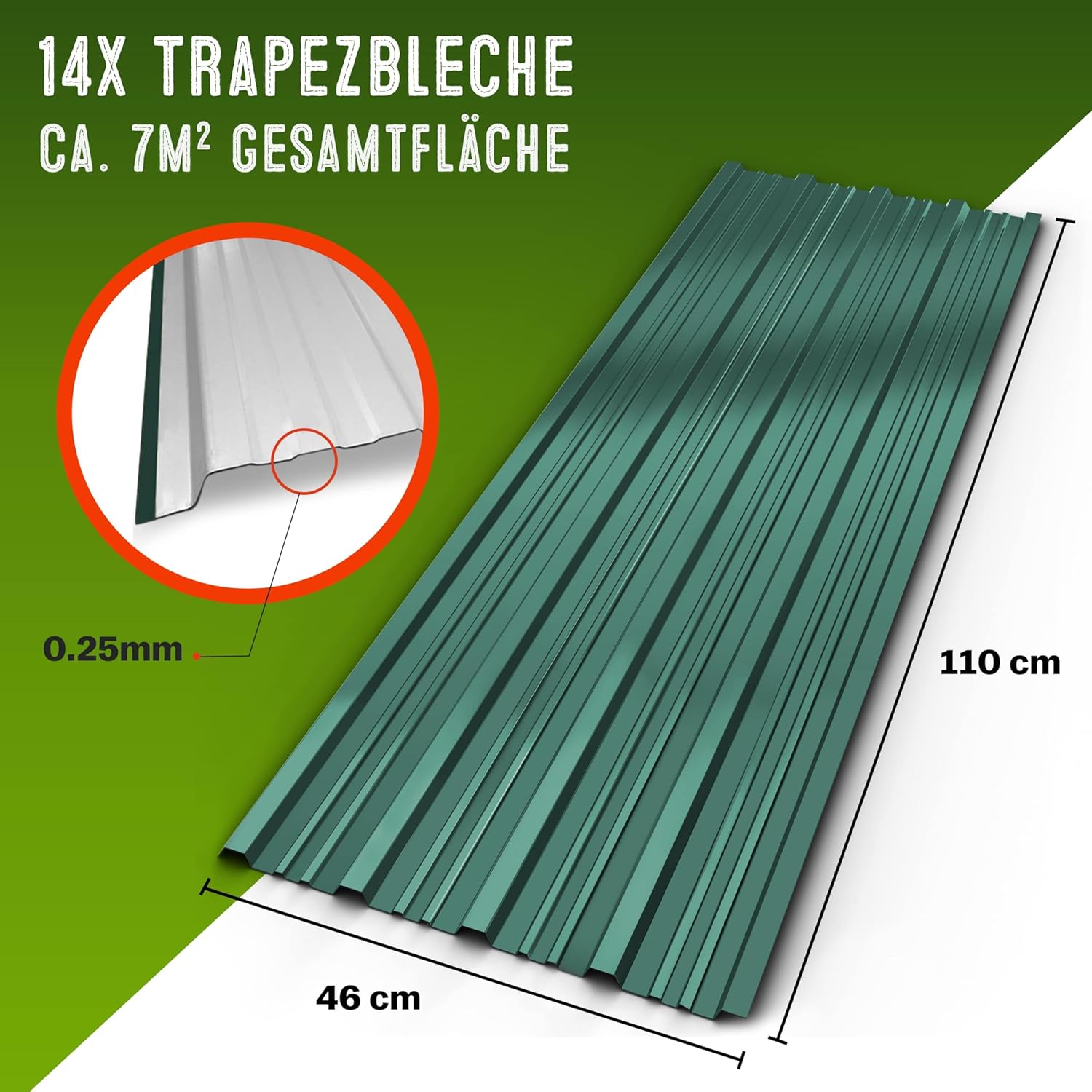 GARDEBRUK® 14x Trapezblech 110x46cm = 7m2 Verzinkt Rostresistent Wetterfest Profilblech Dachblech Wellblech Dachplatten Gerätehaus Carport Grün — Ansicht 6