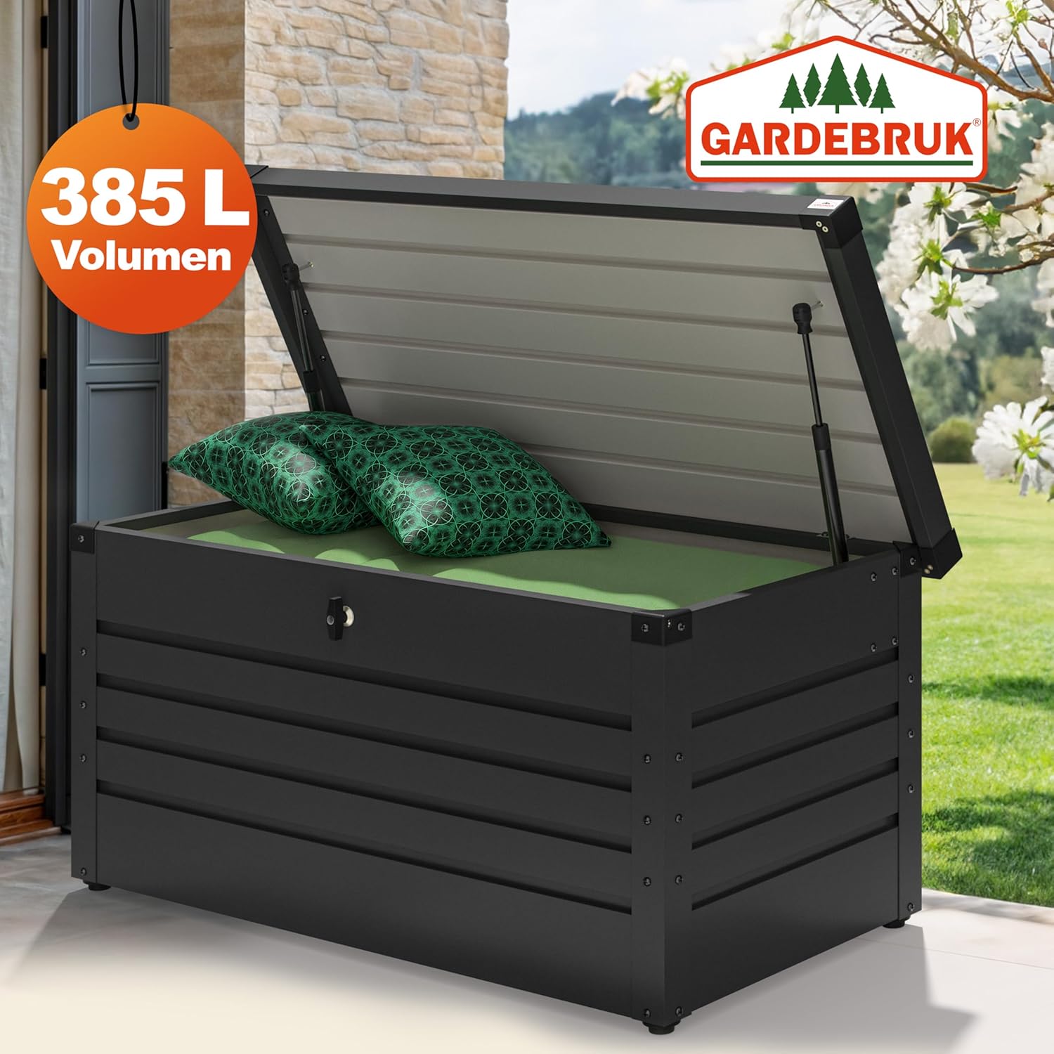 Gardebruk® Auflagenbox 385L Volumen Metall Abschließbar Gasdruckfeder 120x62cm Wetterfest Garten Balkon Keller Gartenbox Gartentruhe Anthrazit — Ansicht 2