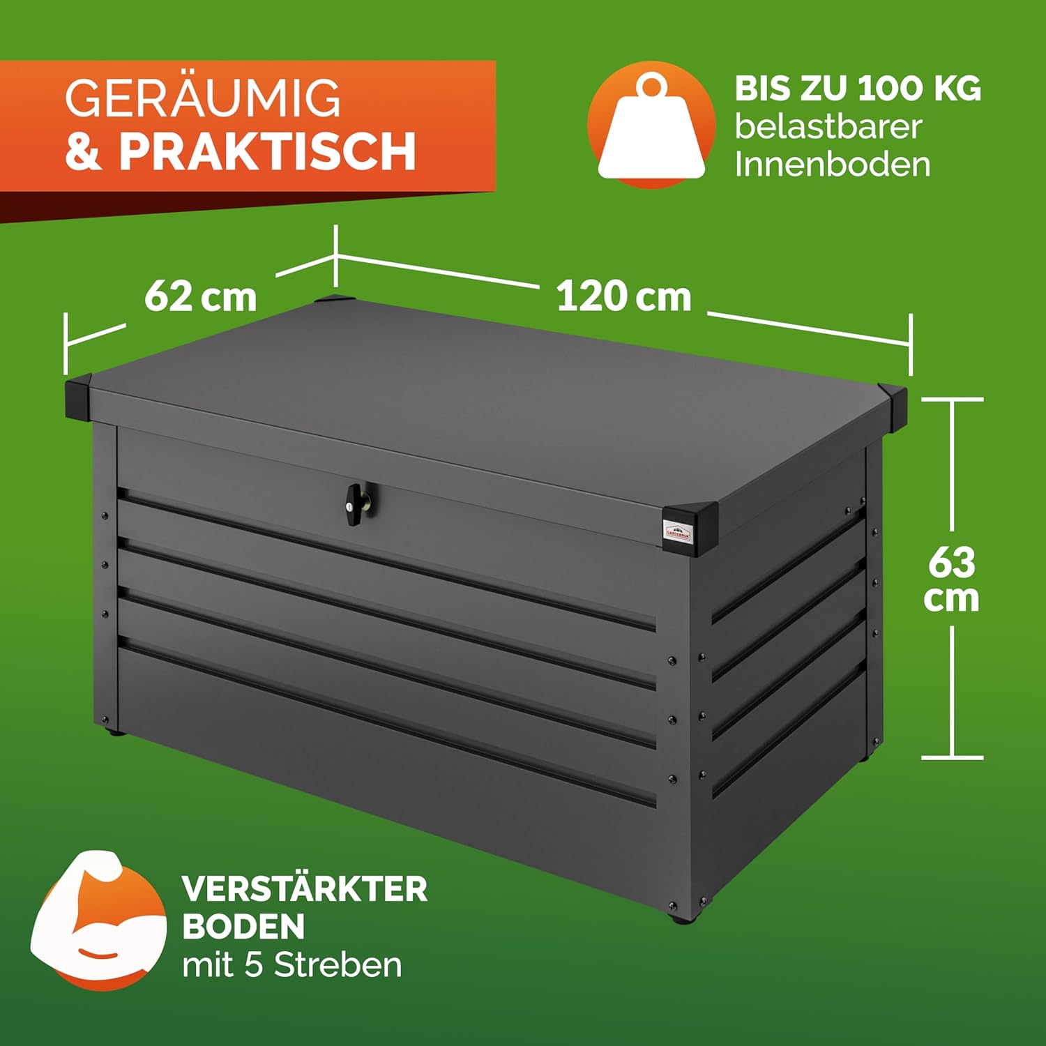 Gardebruk® Auflagenbox 385L Volumen Metall Abschließbar Gasdruckfeder 120x62cm Wetterfest Garten Balkon Keller Gartenbox Gartentruhe Anthrazit — Ansicht 3