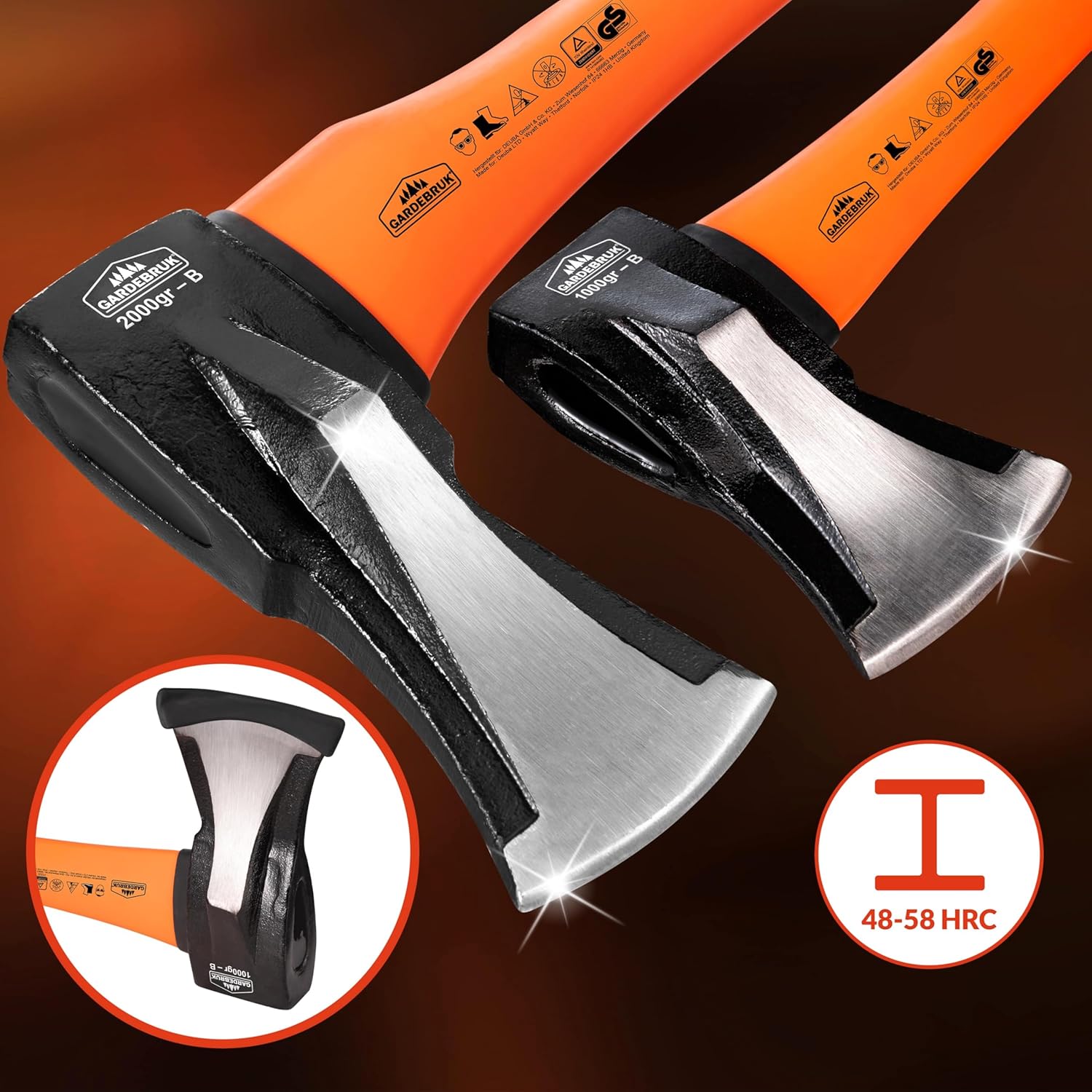 Gardebruk® Axt 2 kg Beil 1 kg Set ergonomischer Handgriff Gummischutz Universal Spaltaxt Spaltbeil Spalthammer Holzspalter — Ansicht 3