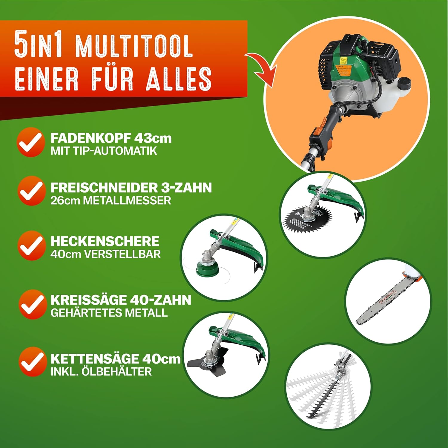 GARDEBRUK® Benzin Motorsense Freischneider 5 in 1 Heckenschere Rasentrimmer Hochentaster 2 PS Tragegurt verstellbar 1m Verlängerung — Ansicht 4