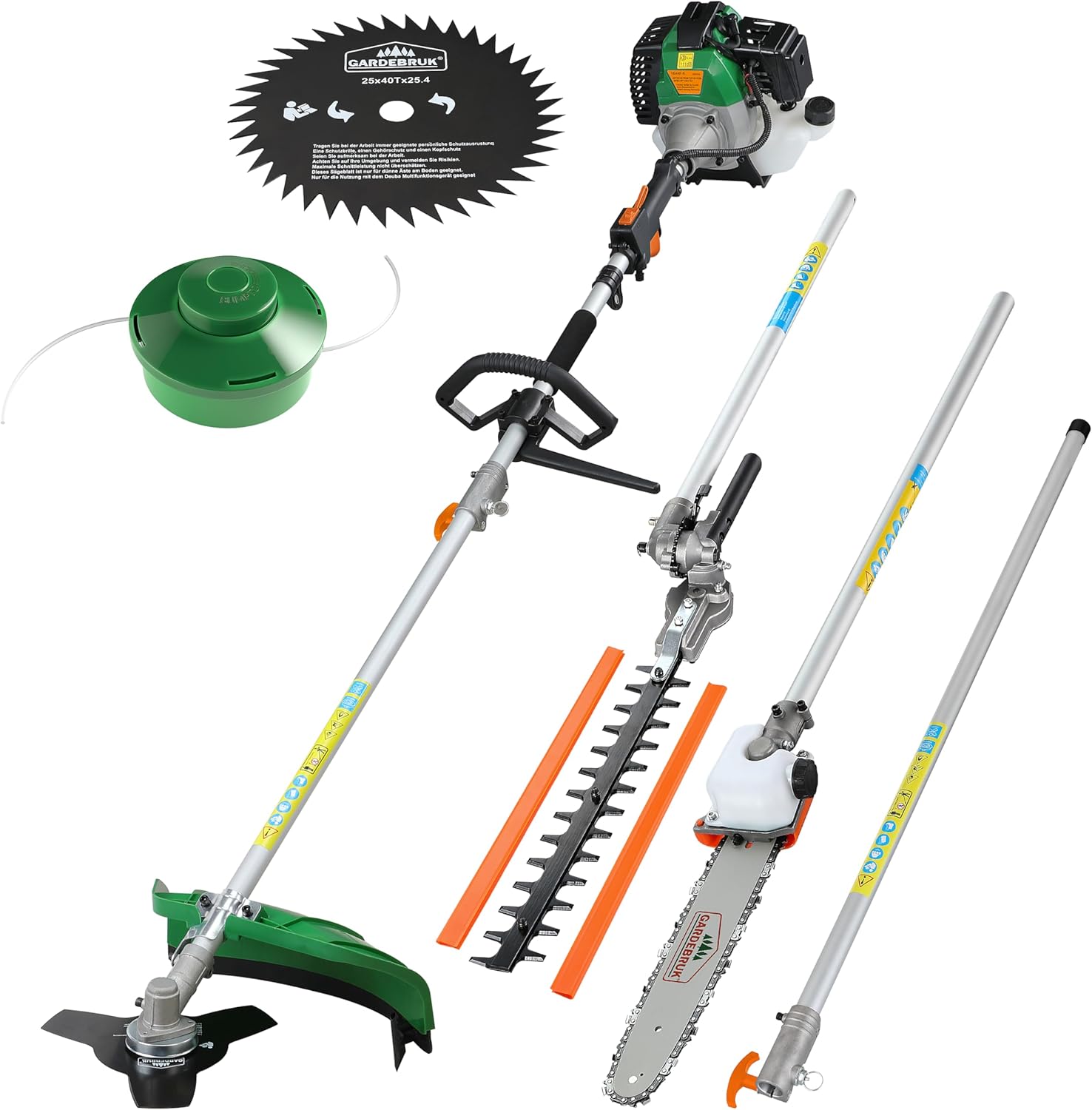 GARDEBRUK® Benzin Motorsense Freischneider 5 in 1 Heckenschere Rasentrimmer Hochentaster 2 PS Tragegurt verstellbar 1m Verlängerung