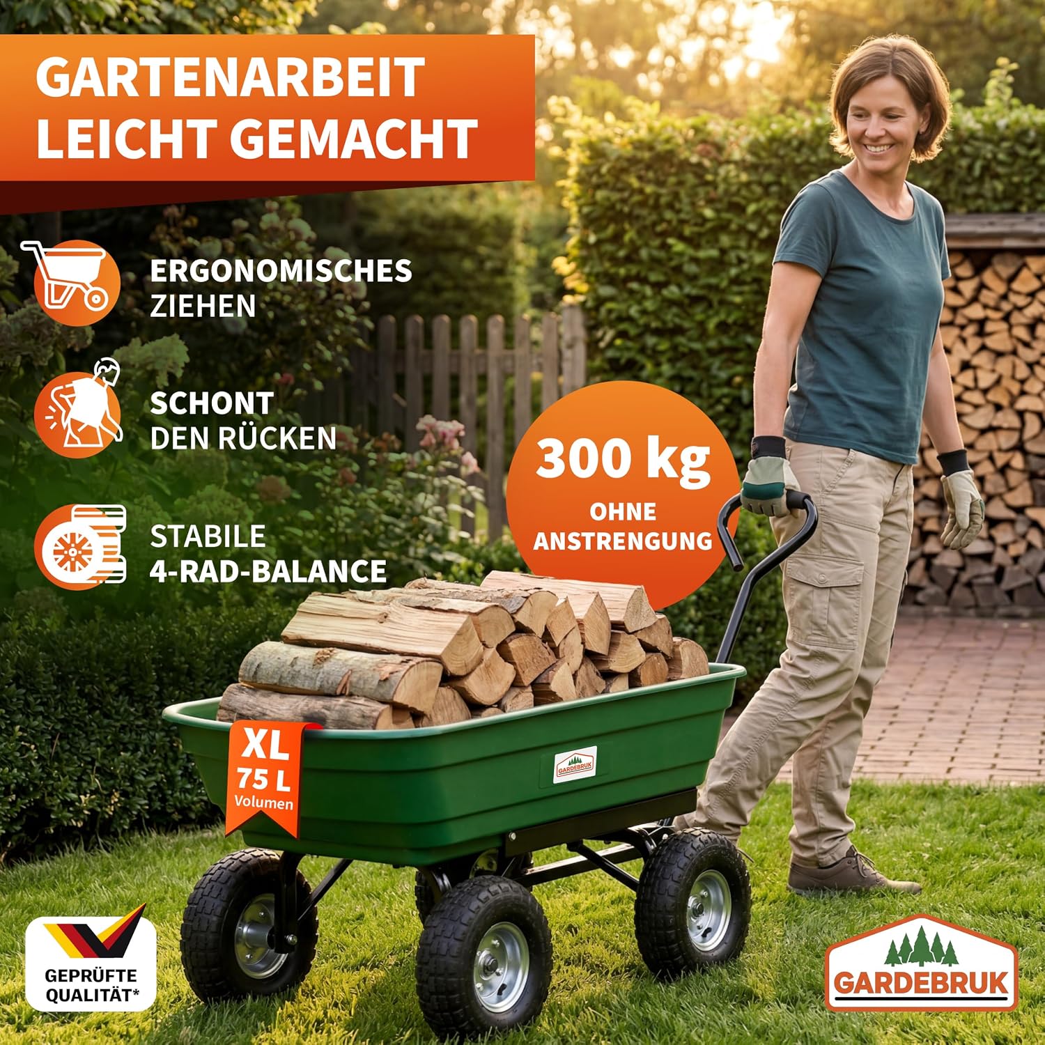GARDEBRUK® Bollerwagen mit Kippfunktion 300kg Belastbar 4 Profil Gelände Räder Luftbereift Lenkachse 75L Groß Transportwagen Handwagen Gartenwagen — Ansicht 2