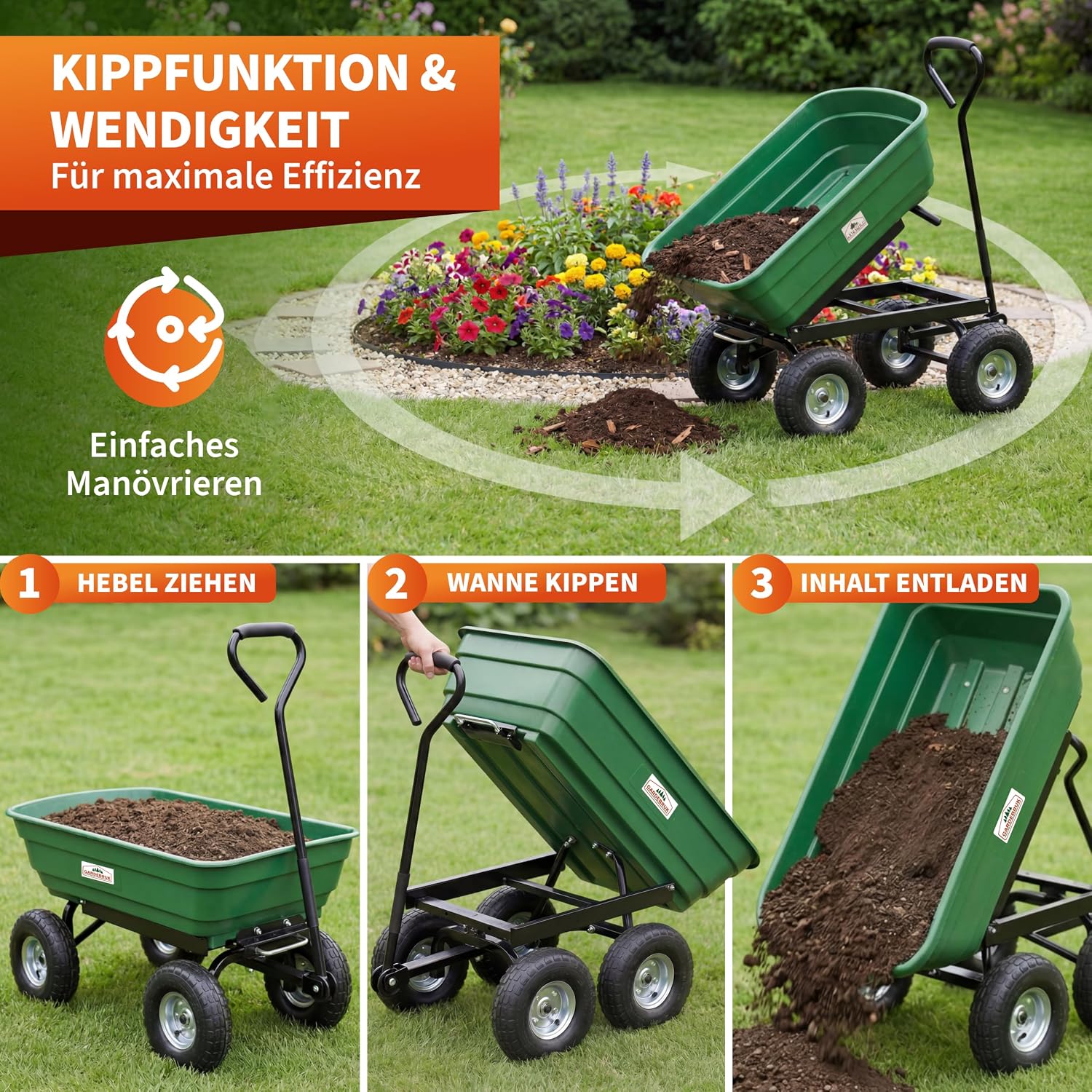GARDEBRUK® Bollerwagen mit Kippfunktion 300kg Belastbar 4 Profil Gelände Räder Luftbereift Lenkachse 75L Groß Transportwagen Handwagen Gartenwagen — Ansicht 4