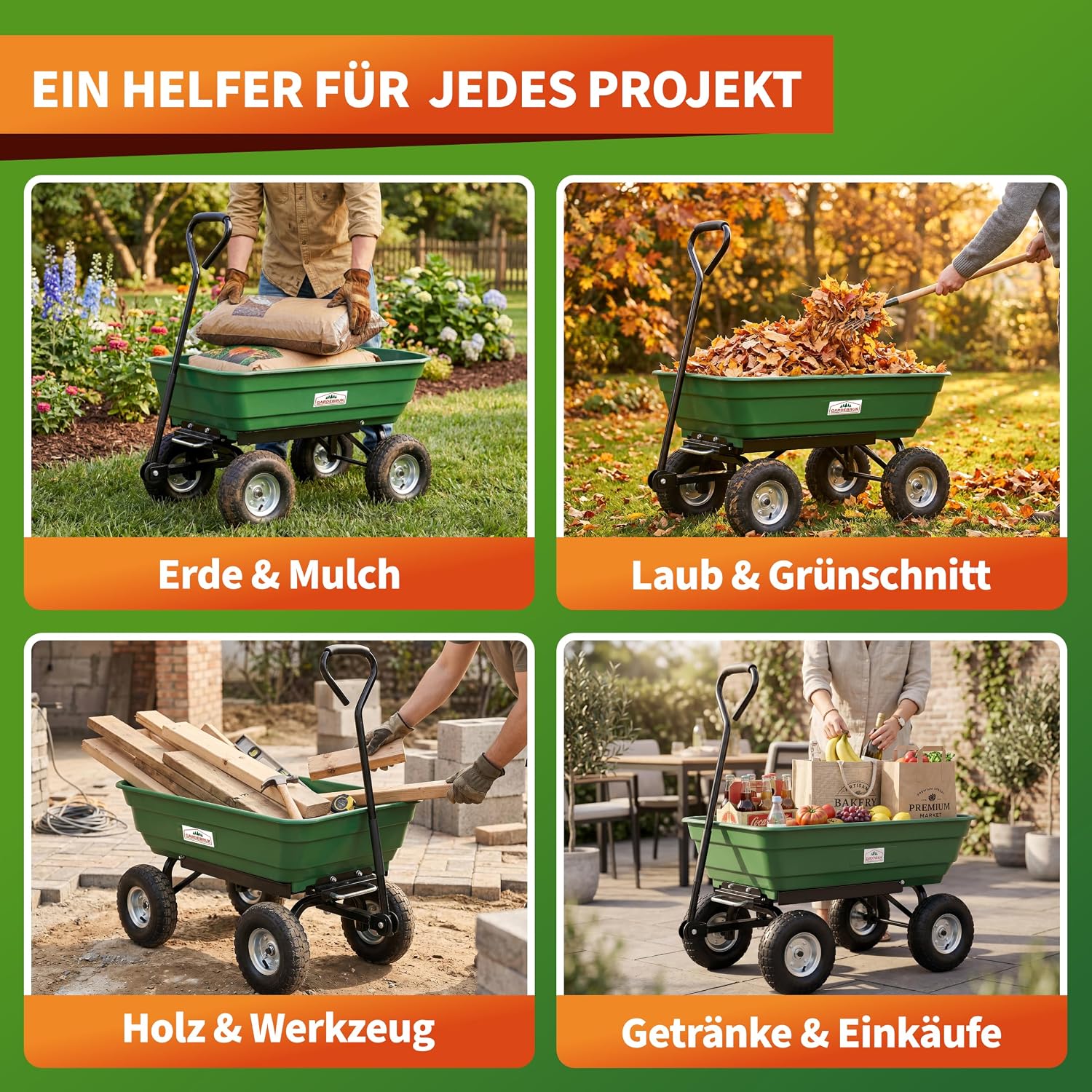 GARDEBRUK® Bollerwagen mit Kippfunktion 300kg Belastbar 4 Profil Gelände Räder Luftbereift Lenkachse 75L Groß Transportwagen Handwagen Gartenwagen — Ansicht 6