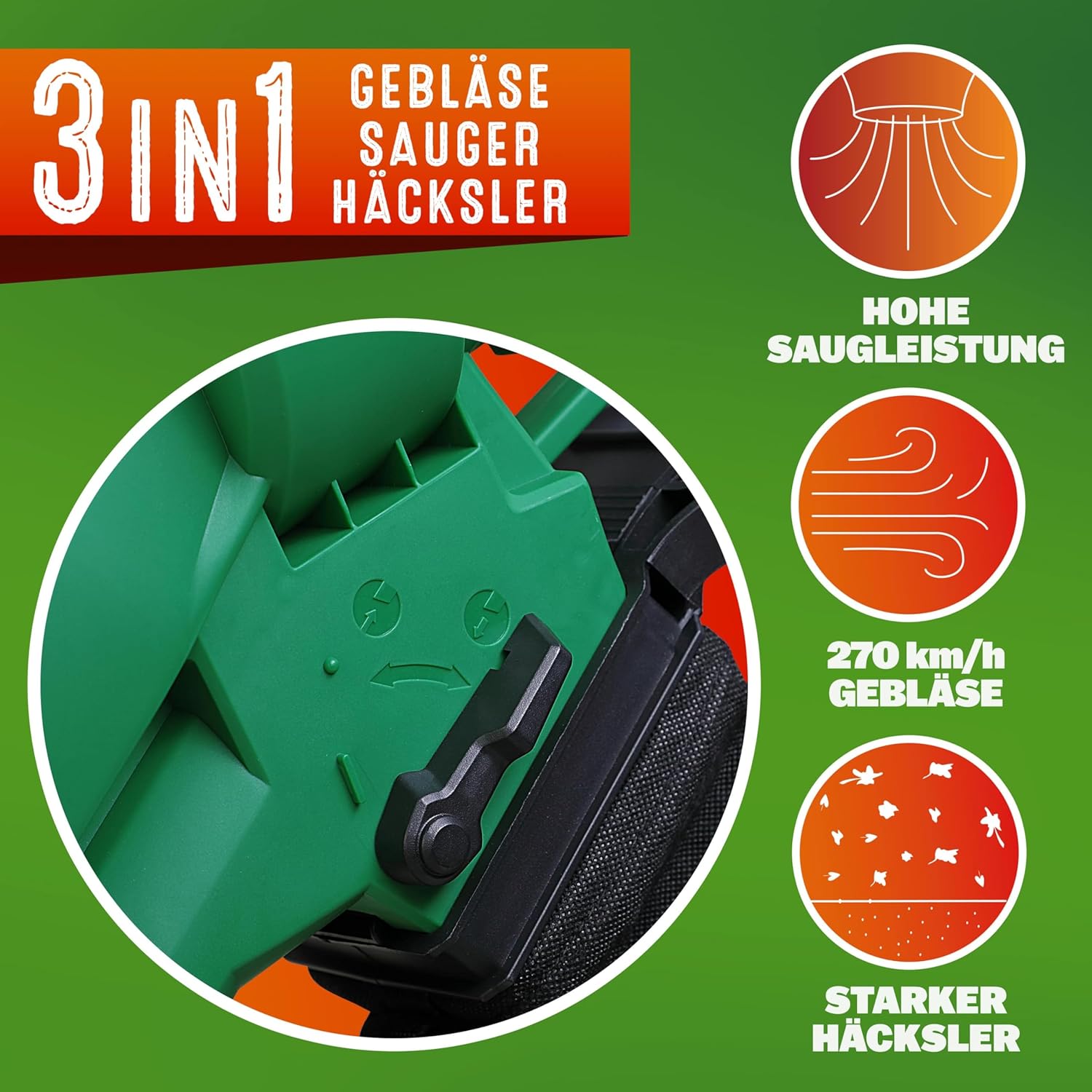 GARDEBRUK® Elektro Laubsauger 3 in 1 3000W Schultergurt 270km/h Rollen 45L Fangsack Laubbläser Häcksler Gartensauger Grün — Ansicht 3