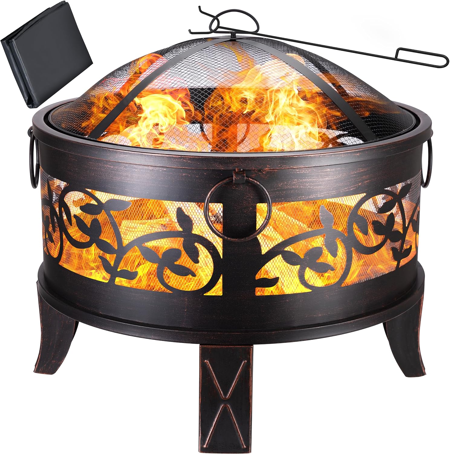 GARDEBRUK® Feuerschale mit Funkenschutz Rund Ø66cm Schürhaken Abdeckung Schwarz Modern Terrasse Garten Feuerstelle Feuerkorb Kamin Ofen Holz Grill