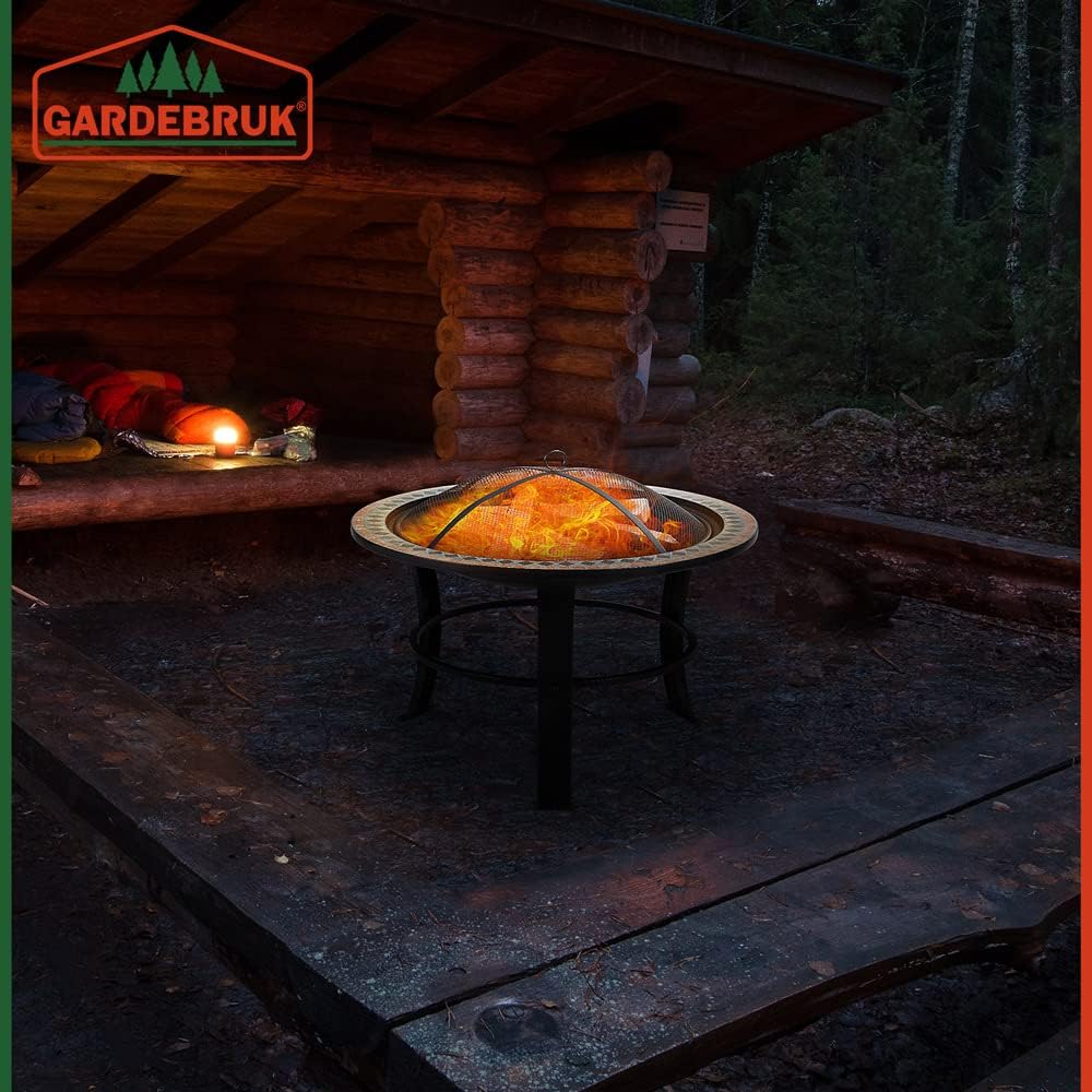 GARDEBRUK® Feuerschale Sevilla mit Funkenschutz Ø76cm Schürhaken Abdeckung Mosaik Rund Terrasse Garten Feuerstelle Feuerkorb Kamin Ofen Holz Grill — Ansicht 6