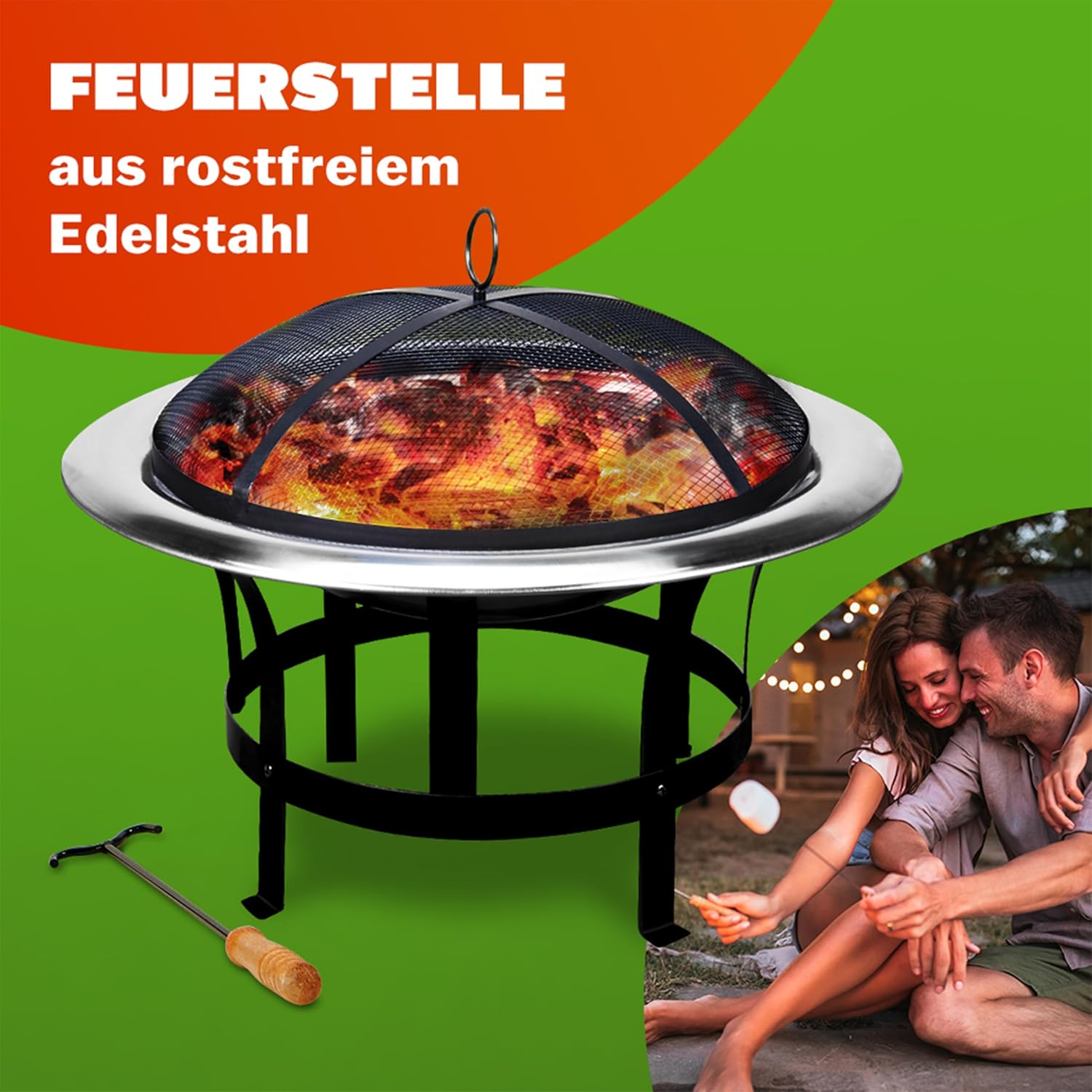 GARDEBRUK® Feuersschale für den Garten 75cm mit Funkenschutz Schürhaken Feuerkorb Edelstahl Kamin Terrassenofen Außen Feuerstelle Grill Terrasse Ofen — Ansicht 3