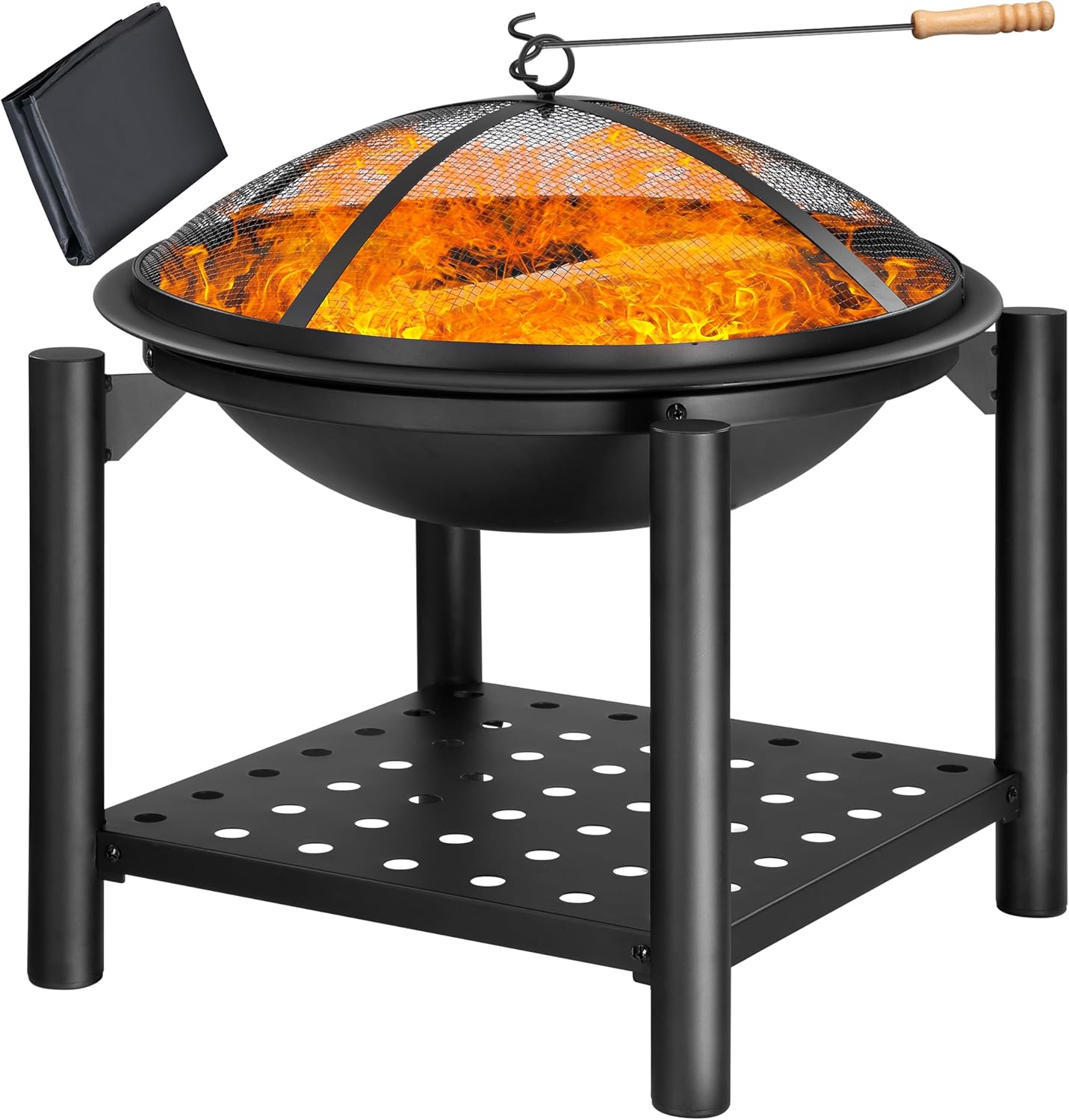 Gardebruk Feuersschale mit Funkenschutz Abdeckung Schürhaken Rund 55cm Holz Ablage Stahl Schwarz Feuerstelle Feuerkorb Garten Terrasse Kamin Grill