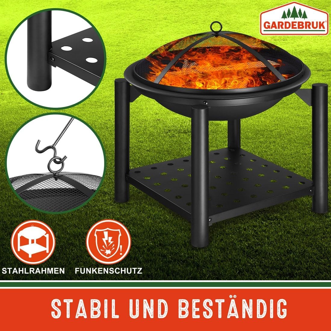 Gardebruk Feuersschale mit Funkenschutz Abdeckung Schürhaken Rund 55cm Holz Ablage Stahl Schwarz Feuerstelle Feuerkorb Garten Terrasse Kamin Grill — Ansicht 3
