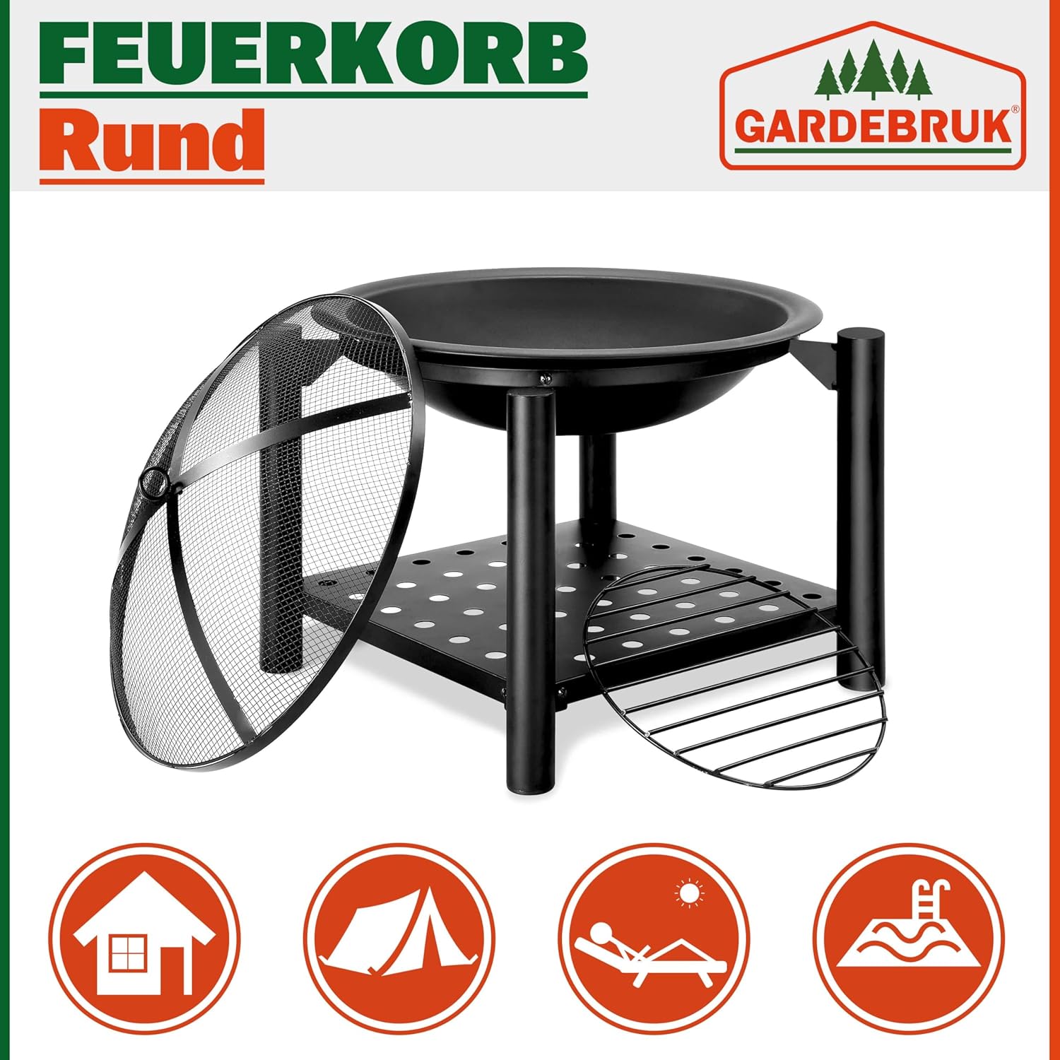 Gardebruk Feuersschale mit Funkenschutz Abdeckung Schürhaken Rund 55cm Holz Ablage Stahl Schwarz Feuerstelle Feuerkorb Garten Terrasse Kamin Grill — Ansicht 4