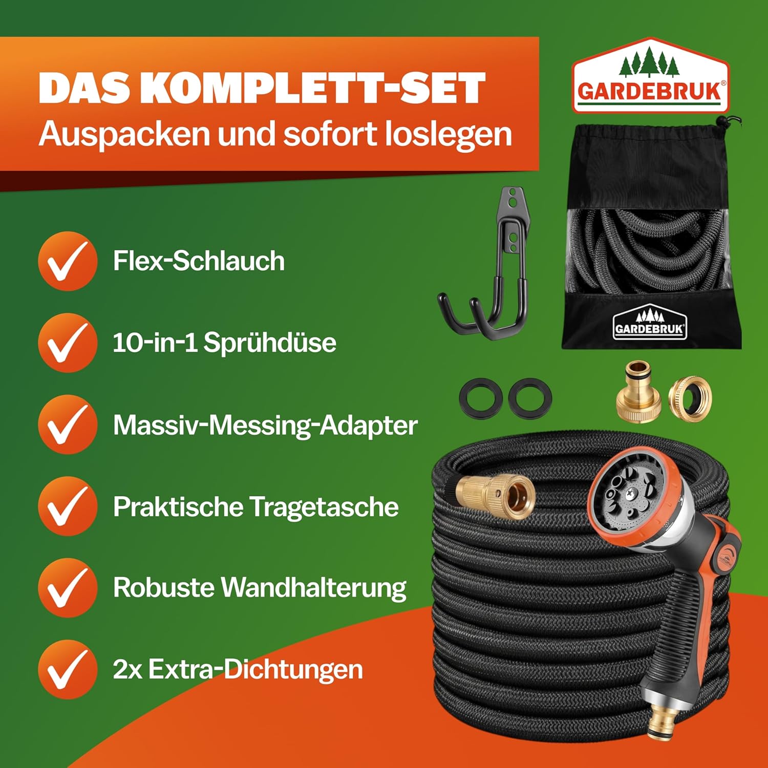 GARDEBRUK® Flexibler Gartenschlauch 22m 3fach Latexkern Vollmessing Adapter 1/2' 3/4' Zoll Wandhalterung Tasche Flexschlauch Wasserschlauch Schwarz — Ansicht 6