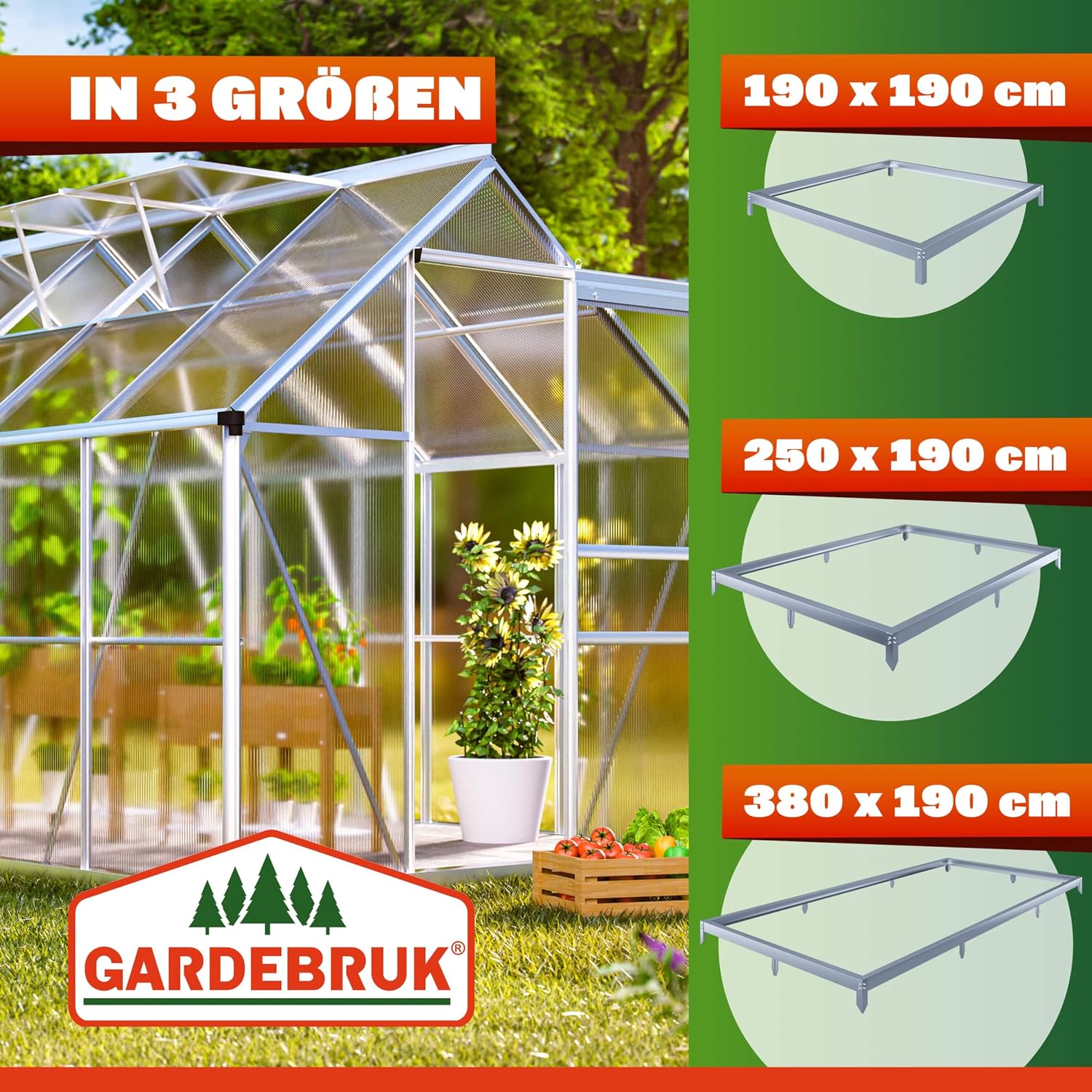 GARDEBRUK® Fundament für Gewächshaus 380x190cm Stahl verzinkt Sockel Stahlfundament Treibhaus Rahmen inkl. Montagematerial Bodenverankerung — Ansicht 6