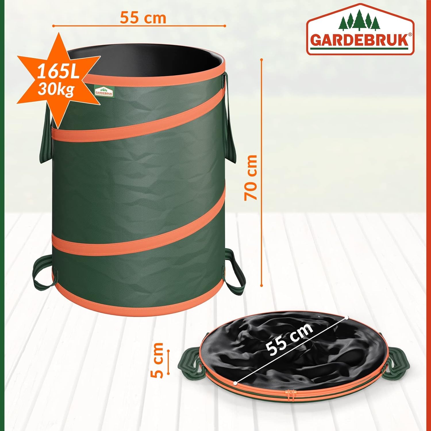 GARDEBRUK® Gartenabfallsack 3x165 Liter 30 kg Belastbarkeit stabil robust abwaschbar Garten Pop up Rasensack Laubsack — Ansicht 2