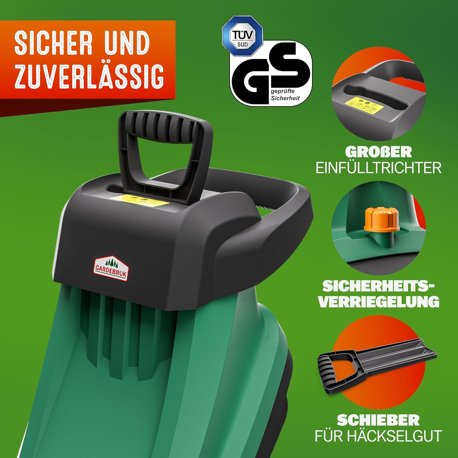 GARDEBRUK® Gartenhäcksler 2400 W max. 45 mm Aststärke Elektrisch 2X 50 L Auffangbeutel Messerhäcksler Häcksler Schredder — Ansicht 3