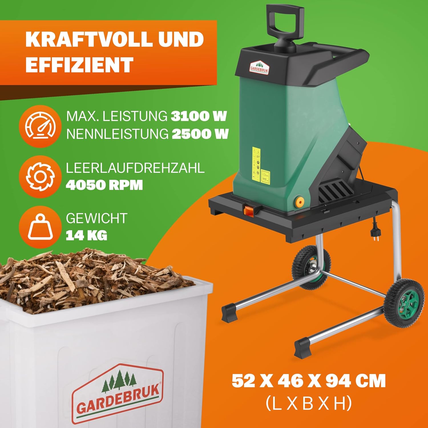 Gardebruk® Gartenhäcksler 3100 W max. 40 mm Aststärke Elektrisch 50 L Robuste Auffangbox Messerhäcksler Schredder Holz — Ansicht 4