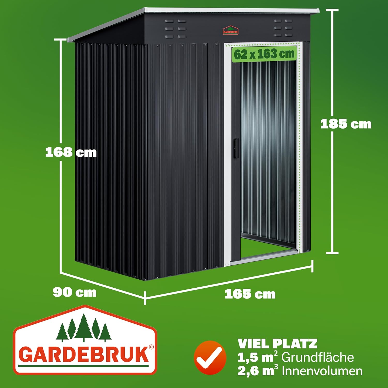GARDEBRUK® Geräteschuppen 185x165x90cm 1,5m2 Schiebetür 20kg Halter Handschuhe Belüftung rostfreies Metall Pultdach Anthrazit Gerätehaus Gartenhaus — Ansicht 3