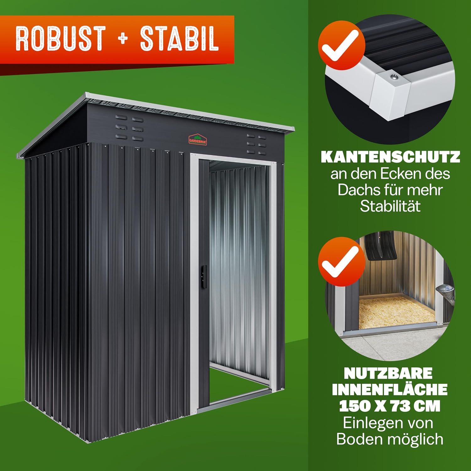 GARDEBRUK® Geräteschuppen 185x165x90cm 1,5m2 Schiebetür 20kg Halter Handschuhe Belüftung rostfreies Metall Pultdach Anthrazit Gerätehaus Gartenhaus — Ansicht 6