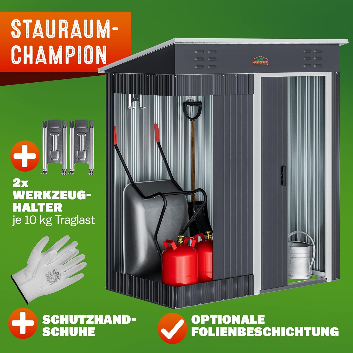 GARDEBRUK® Geräteschuppen NEUES Modell 2026 Gartenhaus 1,5m2 185x165x90cm Schiebetür 20kg Halter Handschuhe Belüftung Pultdach Graphit Gerätehaus — Ansicht 2