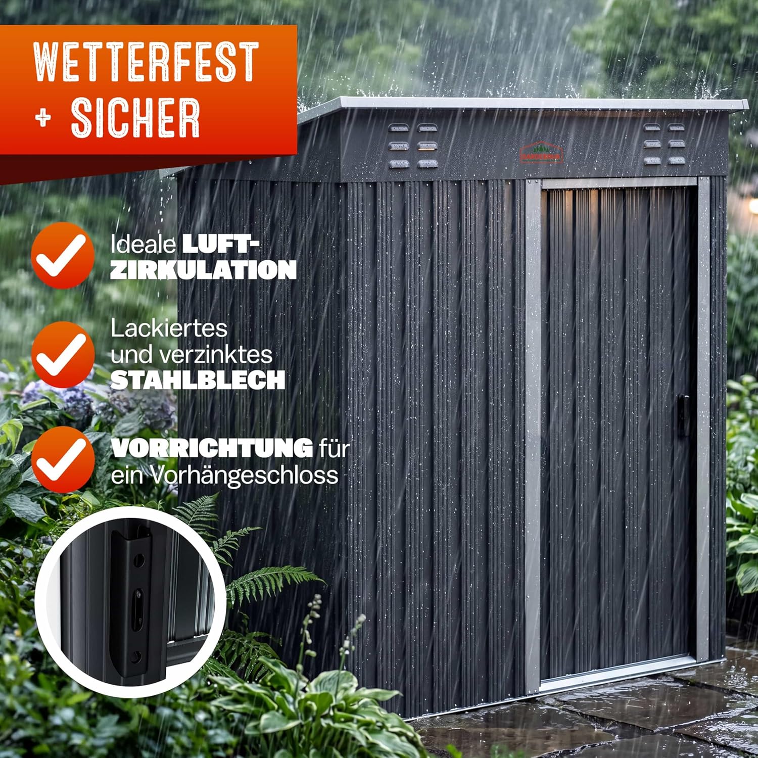 GARDEBRUK® Geräteschuppen NEUES Modell 2026 Gartenhaus 1,5m2 185x165x90cm Schiebetür 20kg Halter Handschuhe Belüftung Pultdach Graphit Gerätehaus — Ansicht 4
