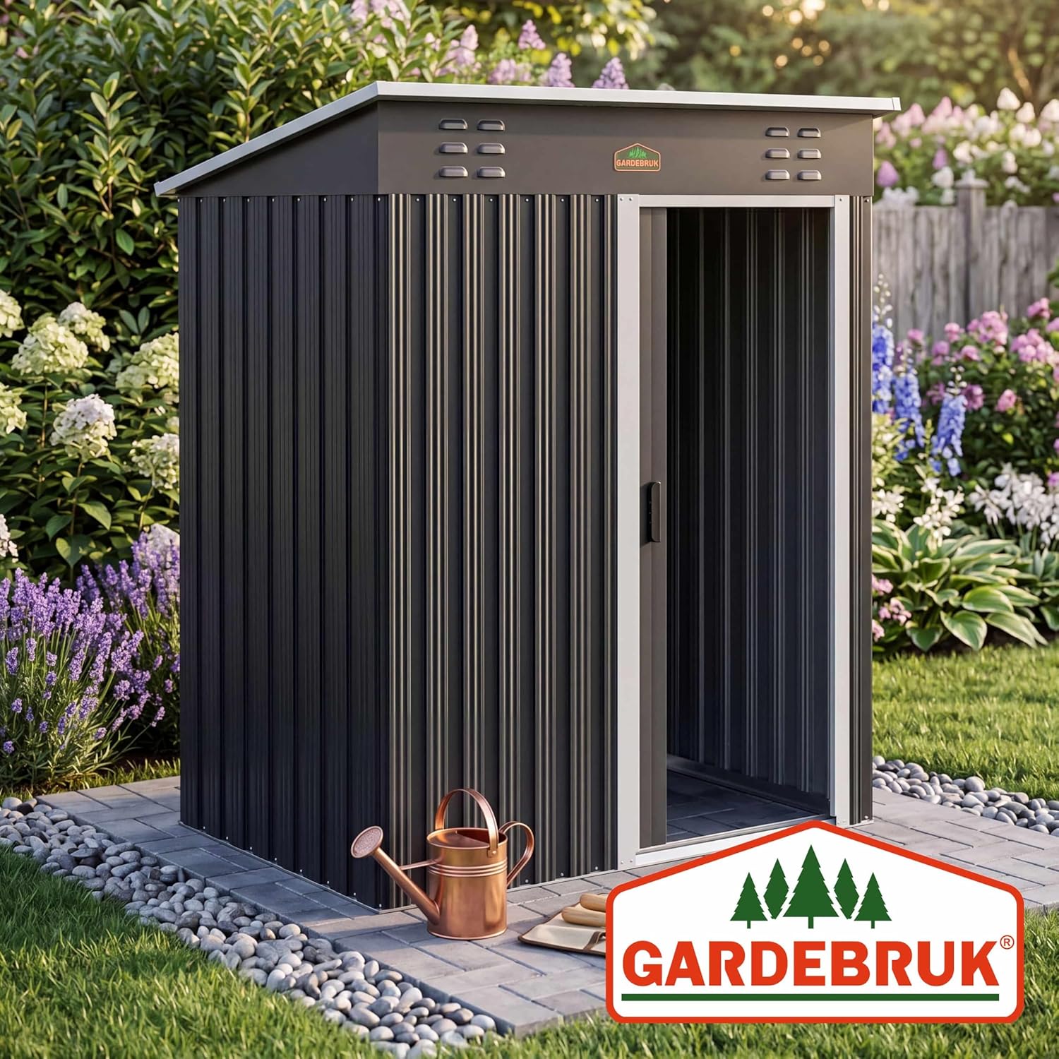 GARDEBRUK® Geräteschuppen NEUES Modell 2026 Gartenhaus 1,5m2 185x165x90cm Schiebetür 20kg Halter Handschuhe Belüftung Pultdach Graphit Gerätehaus — Ansicht 5