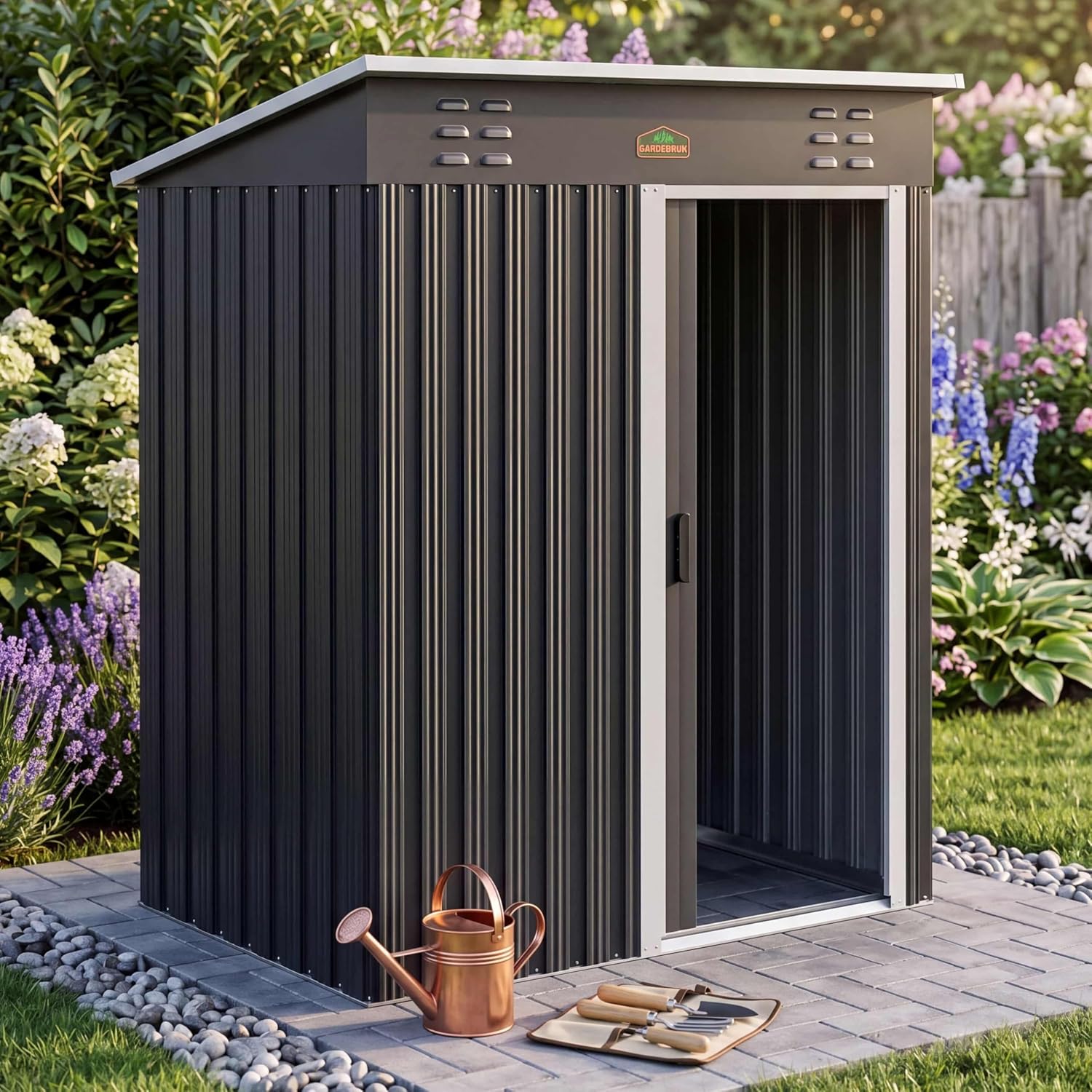 GARDEBRUK® Geräteschuppen NEUES Modell 2026 Gartenhaus 1,5m2 185x165x90cm Schiebetür 20kg Halter Handschuhe Belüftung Pultdach Graphit Gerätehaus