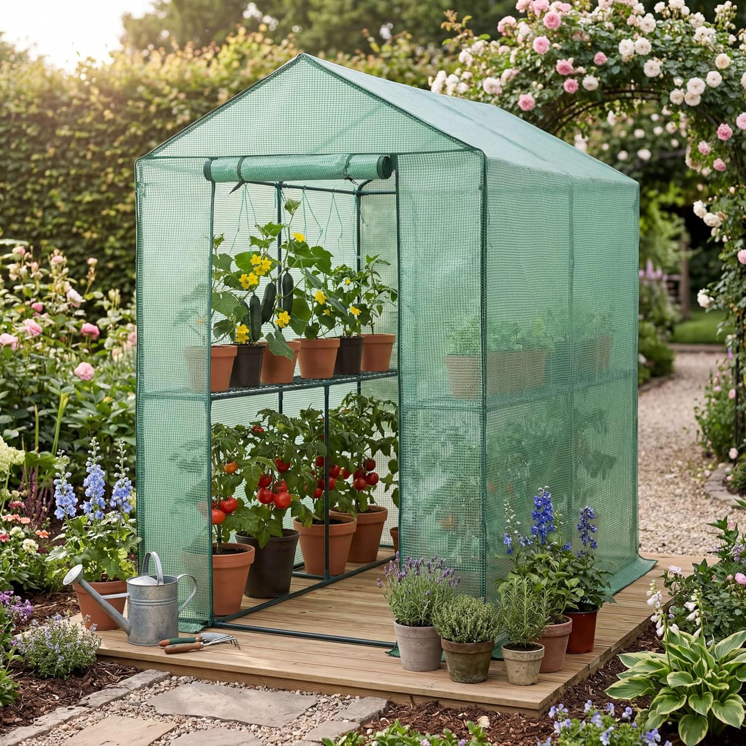 Gardebruk® Gewächshaus 190x186x120 cm Tomatengewächshaus Begehbar mit 4 Ablagen Foliengewächshaus Treibhaus mit Aufrollbarer Tür für Garten & Balkon Stabil, UV-beständig, Grün — Ansicht 2