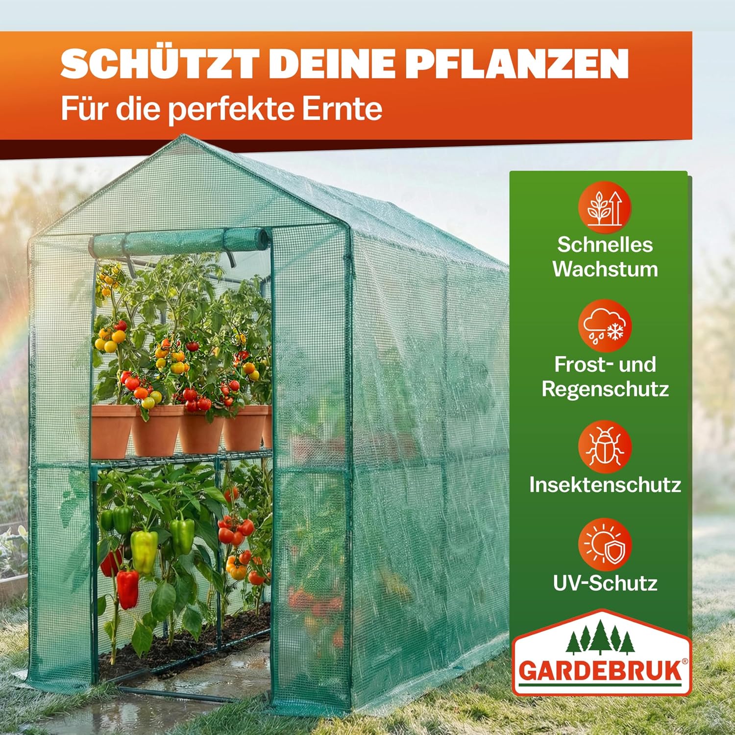 Gardebruk® Gewächshaus 190x186x120 cm Tomatengewächshaus Begehbar mit 4 Ablagen Foliengewächshaus Treibhaus mit Aufrollbarer Tür für Garten & Balkon Stabil, UV-beständig, Grün — Ansicht 3