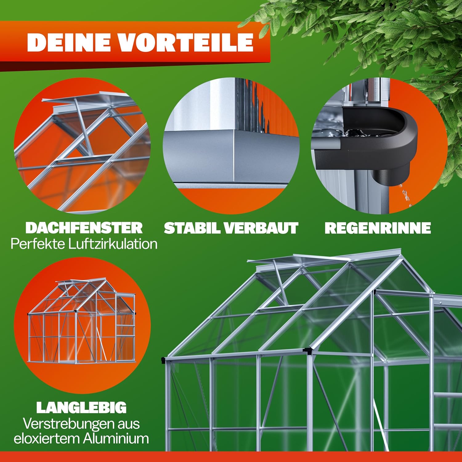 GARDEBRUK® Gewächshaus Aluminium 3,6m2 190x190cm inkl. Dachfenster Tomatenhaus Treibhaus Anzuchthaus Gartenhaus Frühbeet Pflanzenhaus Aufzucht 5,8m3 — Ansicht 2
