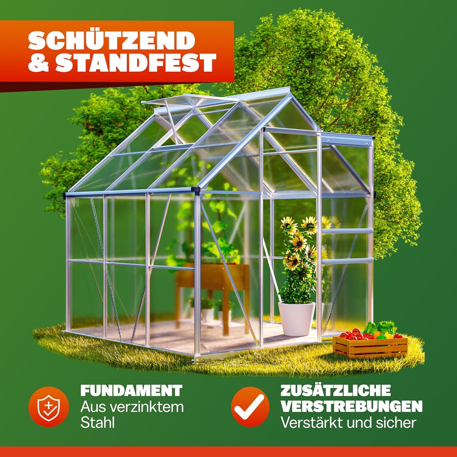 GARDEBRUK® Gewächshaus Aluminium 3,6m2 mit Fundament 190x190cm inkl. Dachfenster Tomatenhaus Treibhaus Anzuchthaus Garten Frühbeet Aufzucht 5,8m3 — Ansicht 6