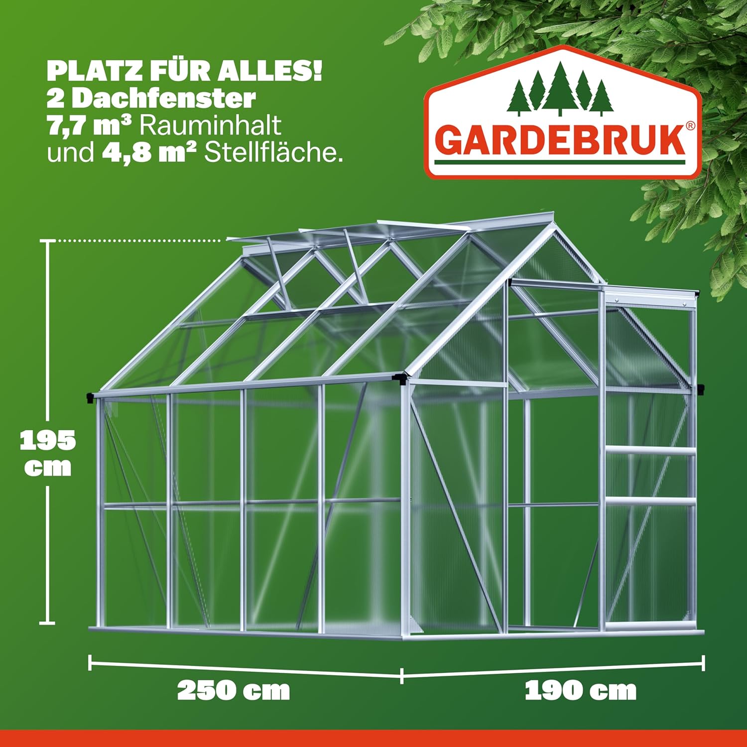 GARDEBRUK® Gewächshaus Aluminium 4,8m2 250x190cm inkl. 2 Dachfenster Tomatenhaus Treibhaus Anzuchthaus Garten Frühbeet Pflanzenhaus Aufzucht 7,63m3 — Ansicht 3