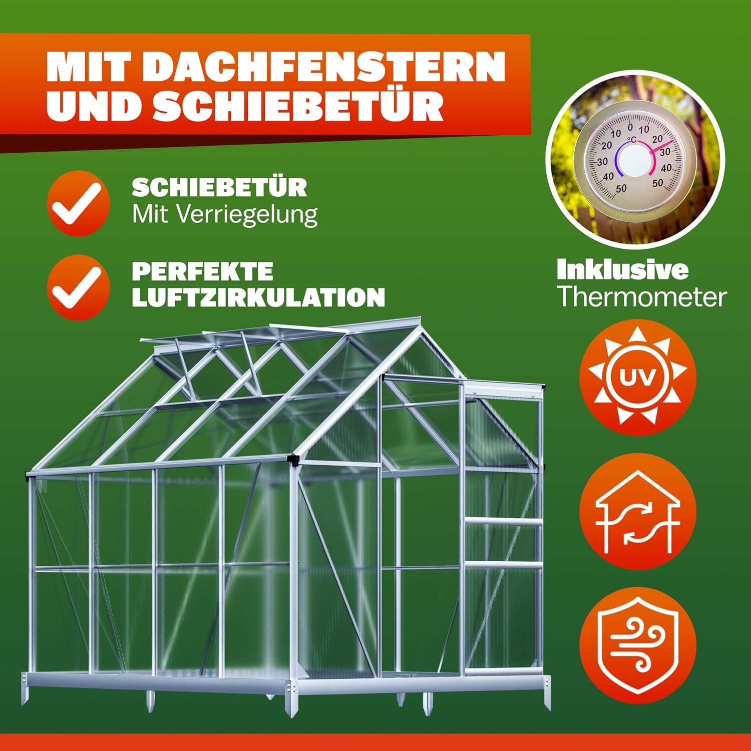 GARDEBRUK® Gewächshaus Aluminium 4,8m2 mit Fundament 250x190cm inkl. 2 Dachfenster Tomatenhaus Treibhaus Anzuchthaus Garten Frühbeet Aufzucht 7,7m3 — Ansicht 5