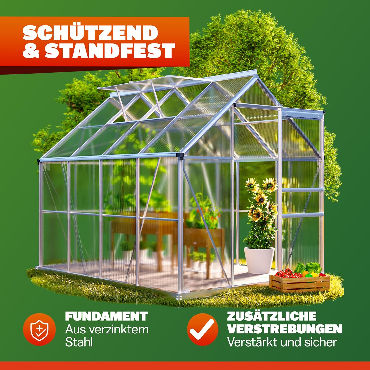 GARDEBRUK® Gewächshaus Aluminium 4,8m2 mit Fundament 250x190cm inkl. 2 Dachfenster Tomatenhaus Treibhaus Anzuchthaus Garten Frühbeet Aufzucht 7,7m3 — Ansicht 6