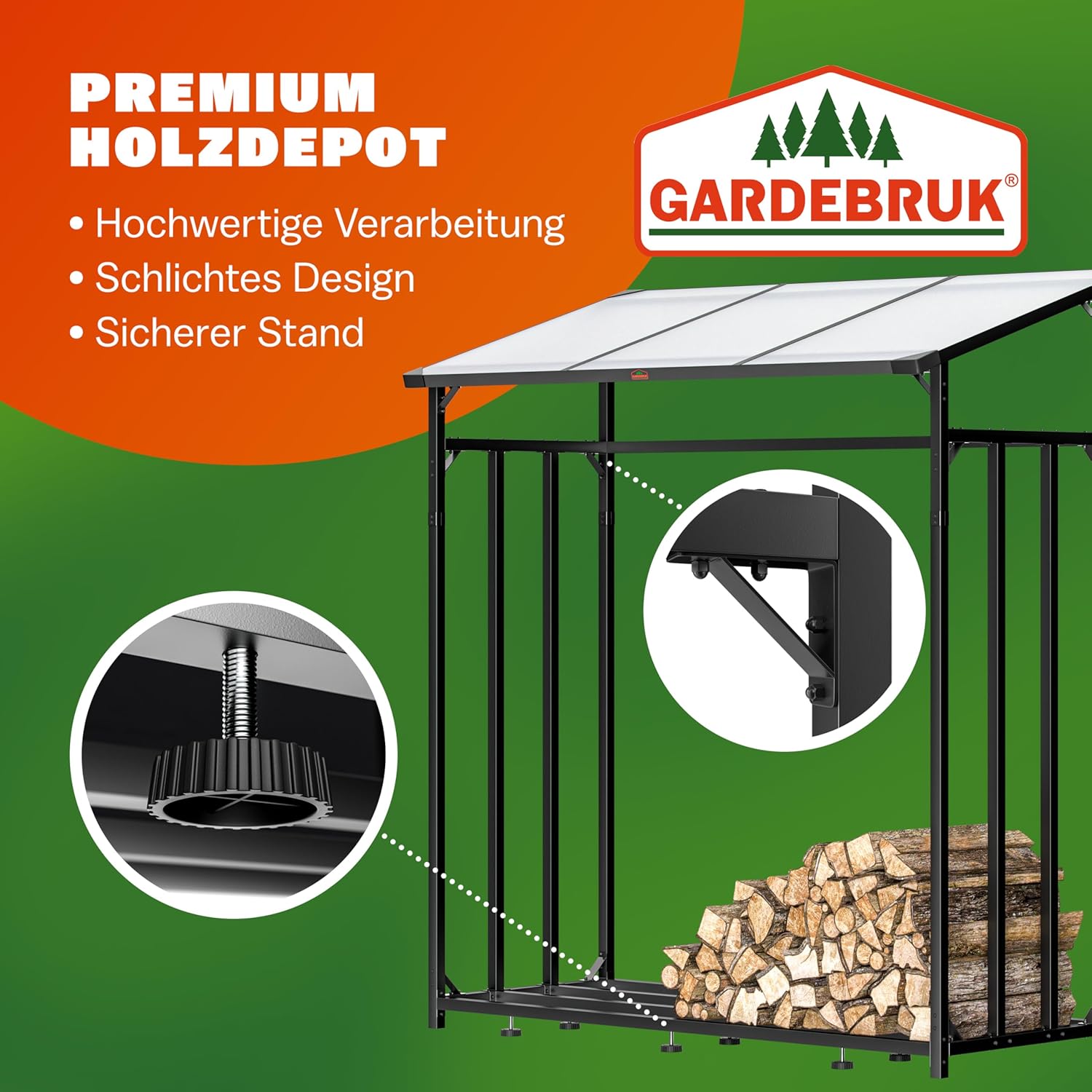 Gardebruk® Kaminholzregal Außen Stahl XXL Schwarz mit Dach Abdeckung Holzunterstand Holzlager Regal inkl. Tragetasche Holzregal Holzstapelhilfe — Ansicht 2