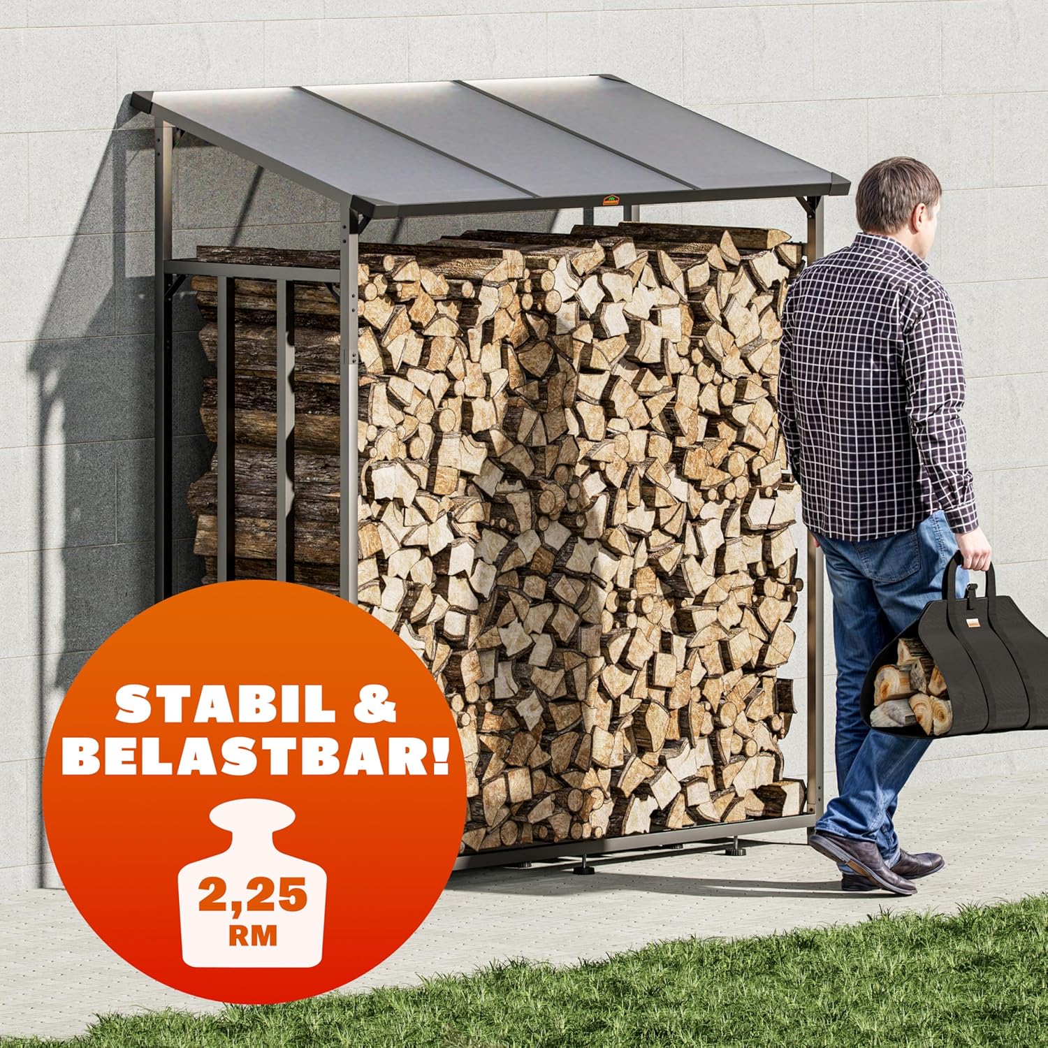Gardebruk® Kaminholzregal Außen Stahl XXL Schwarz mit Dach Abdeckung Holzunterstand Holzlager Regal inkl. Tragetasche Holzregal Holzstapelhilfe — Ansicht 3