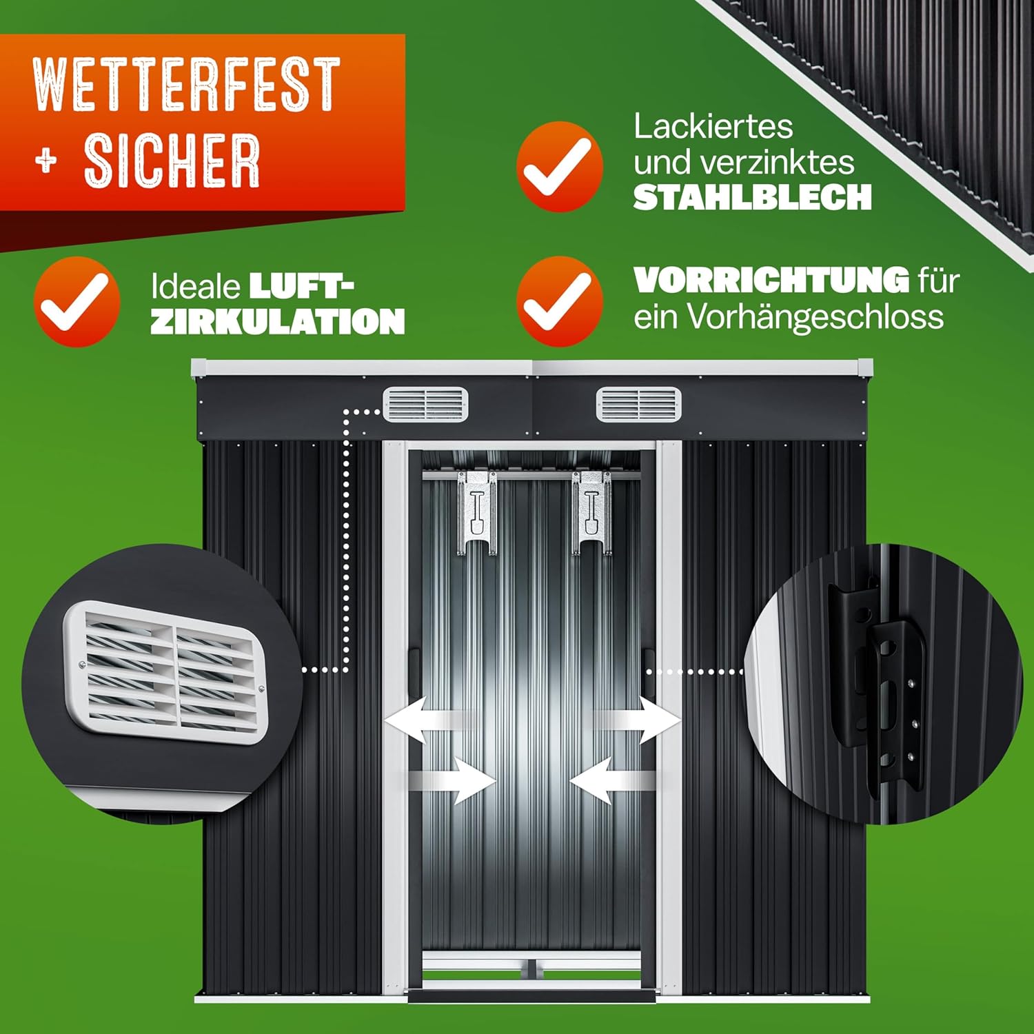 GARDEBRUK® L Metall Gerätehaus 2m2 mit Fundament 200x125x180cm Schiebetür Anthrazit Geräteschuppen Gartenhaus 4m3 — Ansicht 4