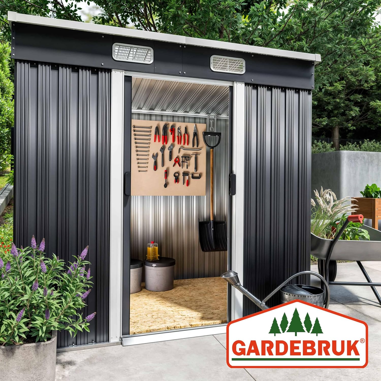 GARDEBRUK® L Metall Gerätehaus 2m2 mit Fundament 200x125x180cm Schiebetür Anthrazit Geräteschuppen Gartenhaus 4m3 — Ansicht 5
