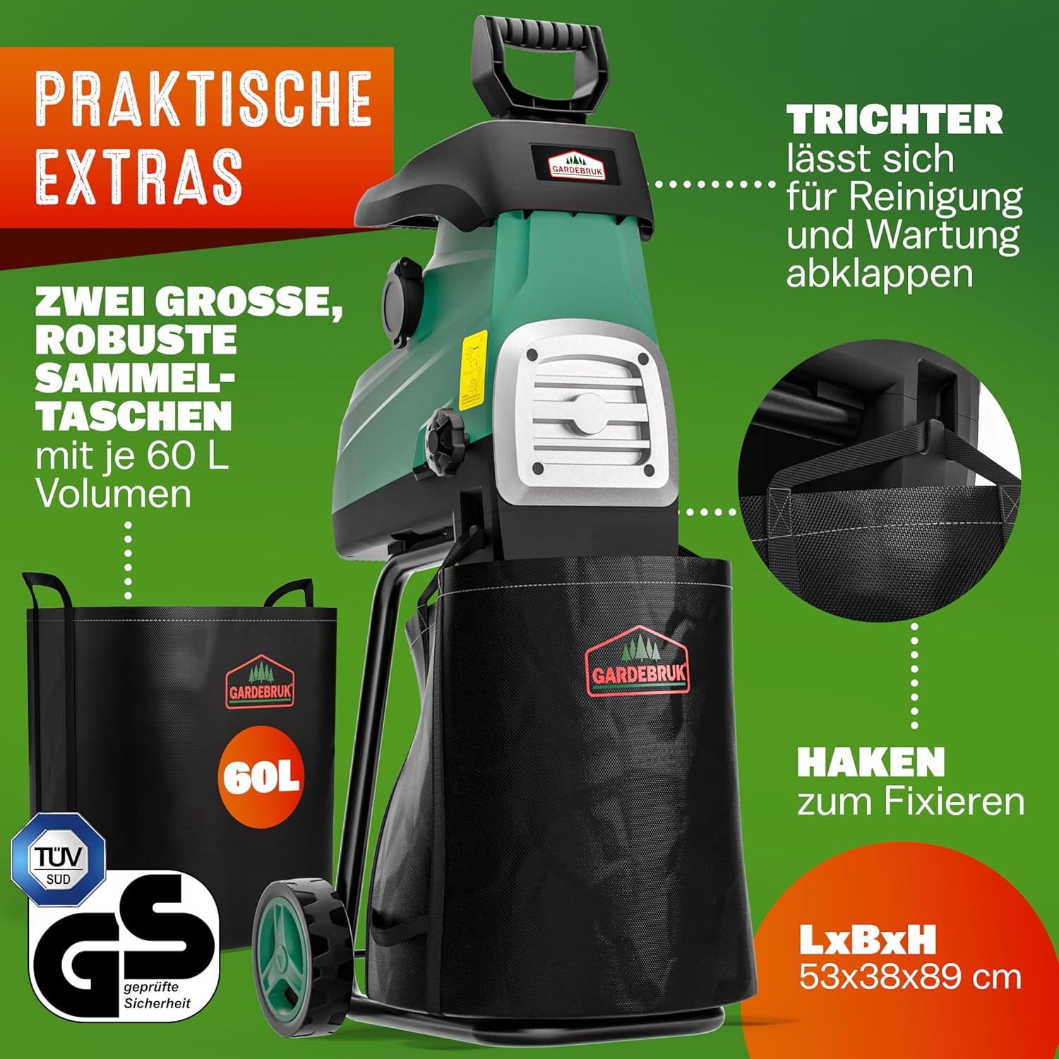 Gardebruk® Leisehäcksler 3100 W max. 44 mm Aststärke Elektrisch 2 x 60 L Auffangbeutel Gartenhäcksler Walzenhäcksler Schredder Häcksler — Ansicht 4