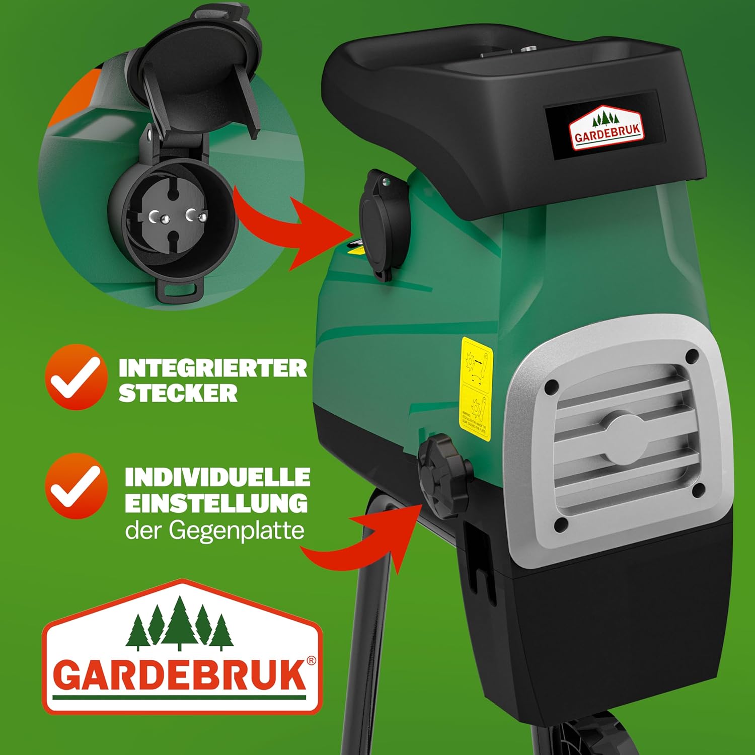 Gardebruk® Leisehäcksler 3100 W max. 44 mm Aststärke Elektrisch 2 x 60 L Auffangbeutel Gartenhäcksler Walzenhäcksler Schredder Häcksler — Ansicht 6
