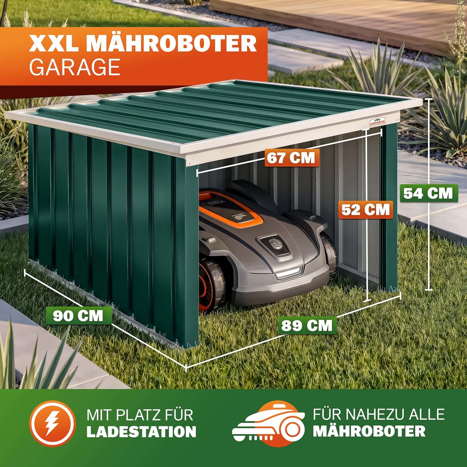 Gardebruk® Mähroboter Garage 89x90x54cm Pultdach Metall Wetterbeständig Dach klappbar 4X Erdanker Carport Regenschutz Rasenroboter Grün — Ansicht 3