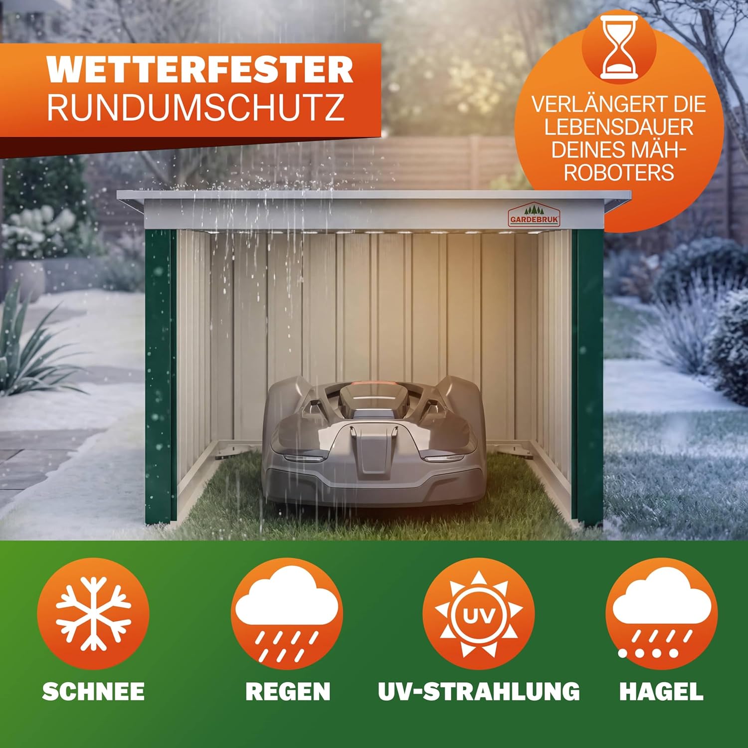 Gardebruk® Mähroboter Garage 89x90x54cm Pultdach Metall Wetterbeständig Dach klappbar 4X Erdanker Carport Regenschutz Rasenroboter Grün — Ansicht 5