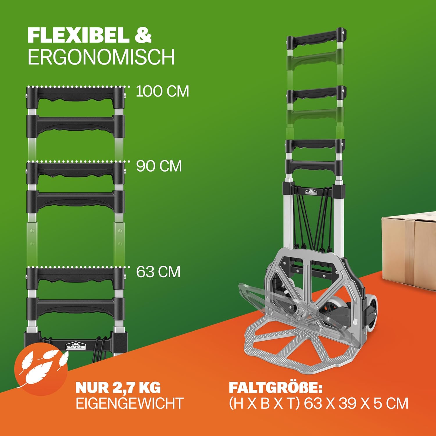 GARDEBRUK® Sackkarre Aluminium klappbar 80 kg PP-Reifen pannensicher inkl. Handschuhe 2 Expander Umzug Transportkarre Transportwagen Transportroller — Ansicht 4