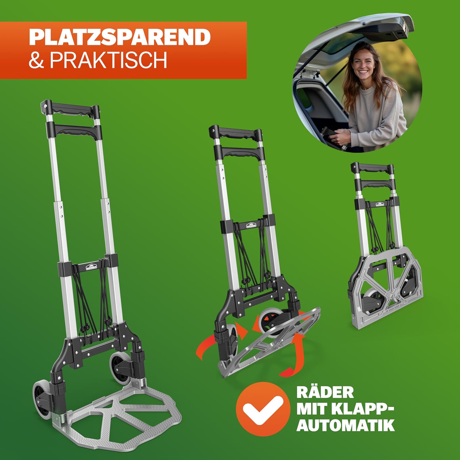 GARDEBRUK® Sackkarre Aluminium klappbar 80 kg PP-Reifen pannensicher inkl. Handschuhe 2 Expander Umzug Transportkarre Transportwagen Transportroller — Ansicht 5