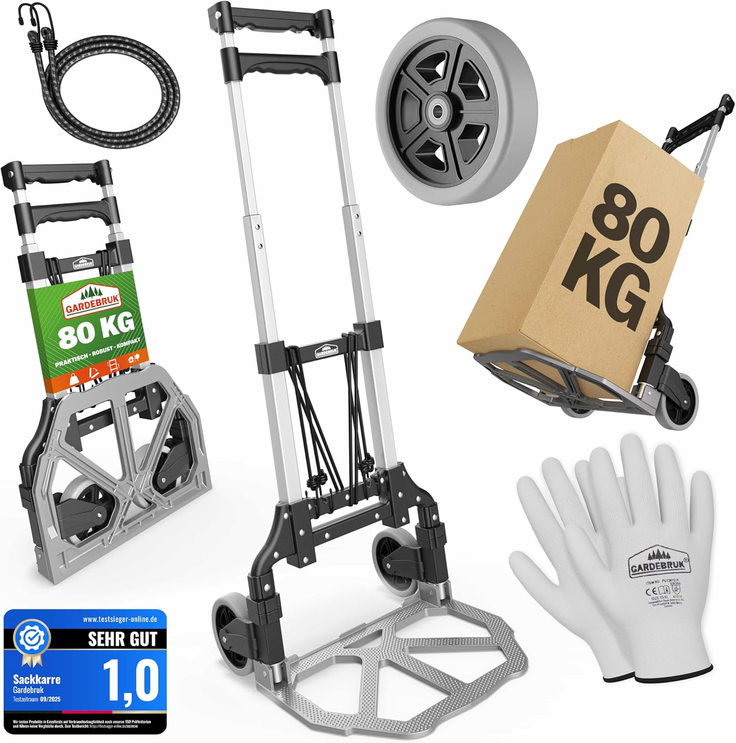 GARDEBRUK® Sackkarre Aluminium klappbar 80 kg PP-Reifen pannensicher inkl. Handschuhe 2 Expander Umzug Transportkarre Transportwagen Transportroller