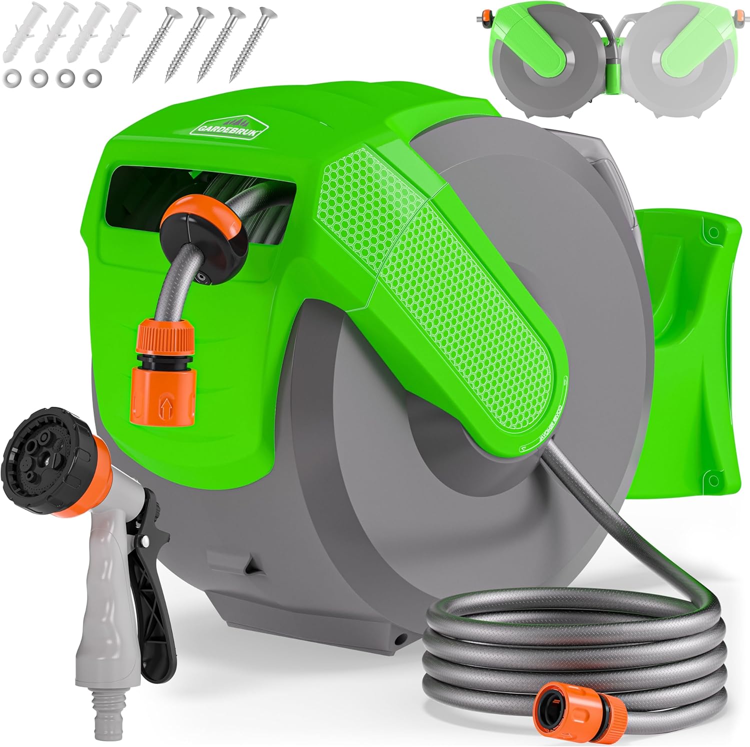 GARDEBRUK® Schlauchtrommel 30 + 2m Schlauchaufroller Wasser Handbrause 7 Funktionen 180° Schwenkbar Aufwickelstopper Gartenschlauch Grün