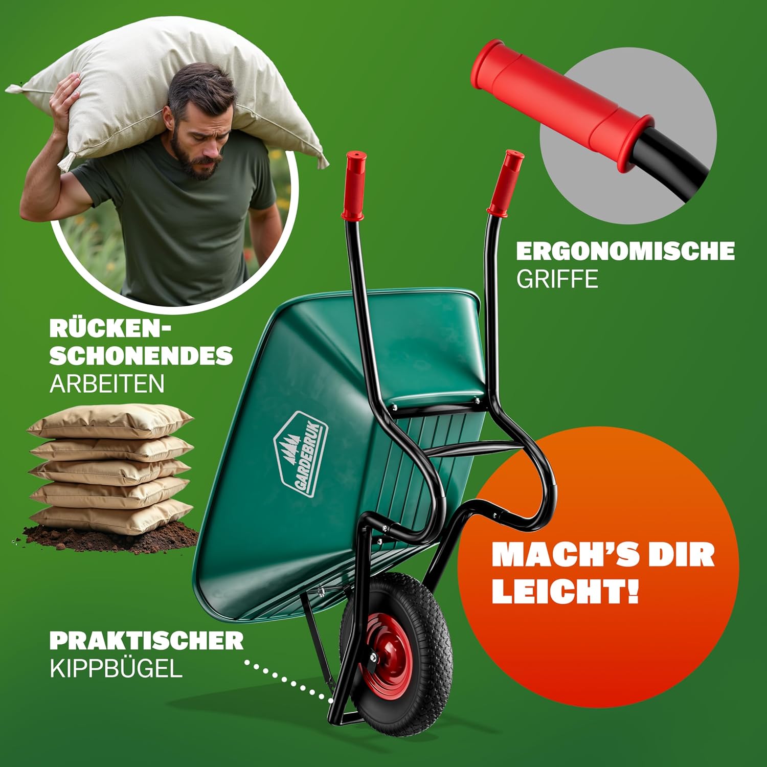 GARDEBRUK Schubkarre 100 Liter Bauschubkarre Gartenschubkarre bis 250kg Belastbarkeit Luftreifen stabile Ausführung mit Kunstoffwanne — Ansicht 3
